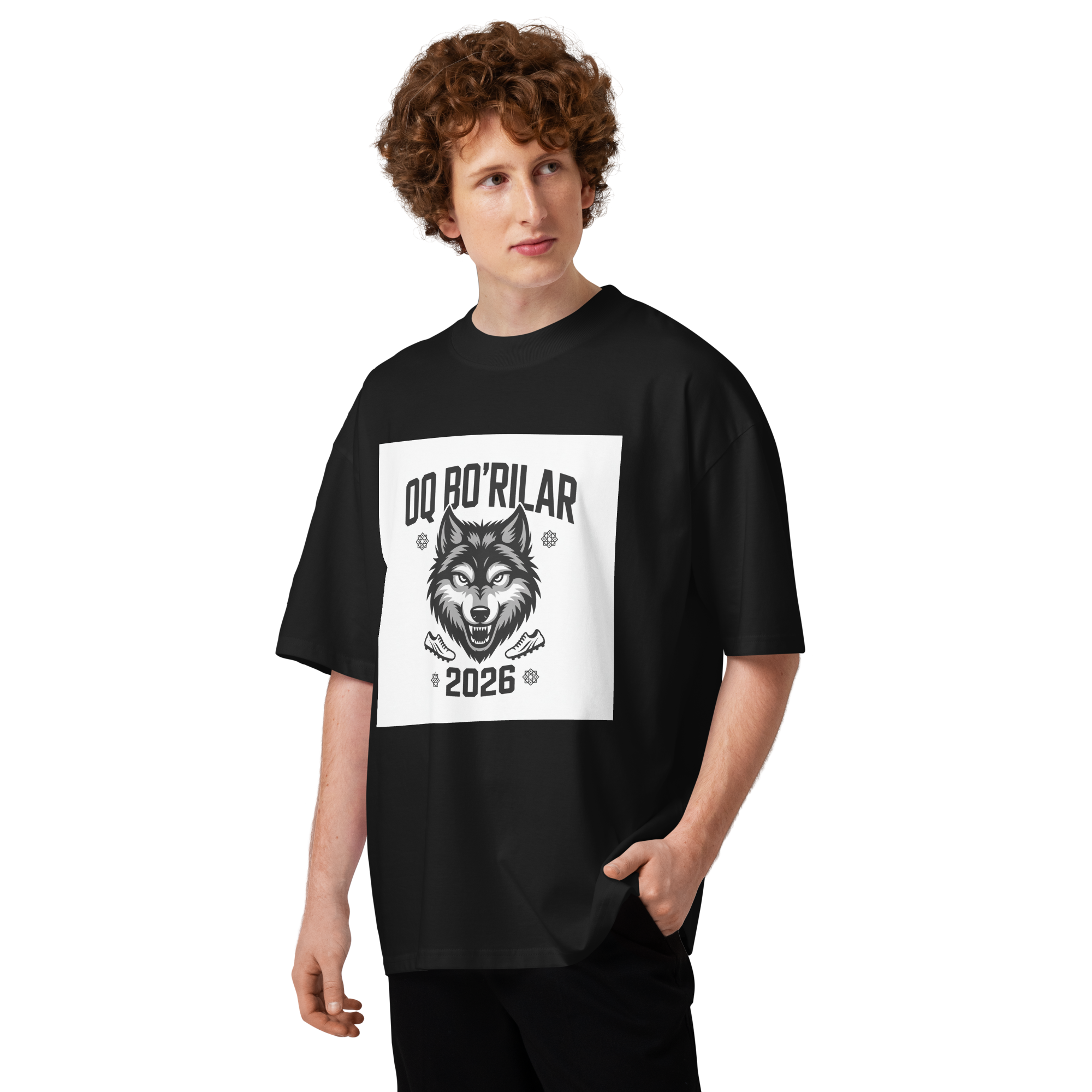 Oq Bo'rilar 2026 wolf football tee — black, front view