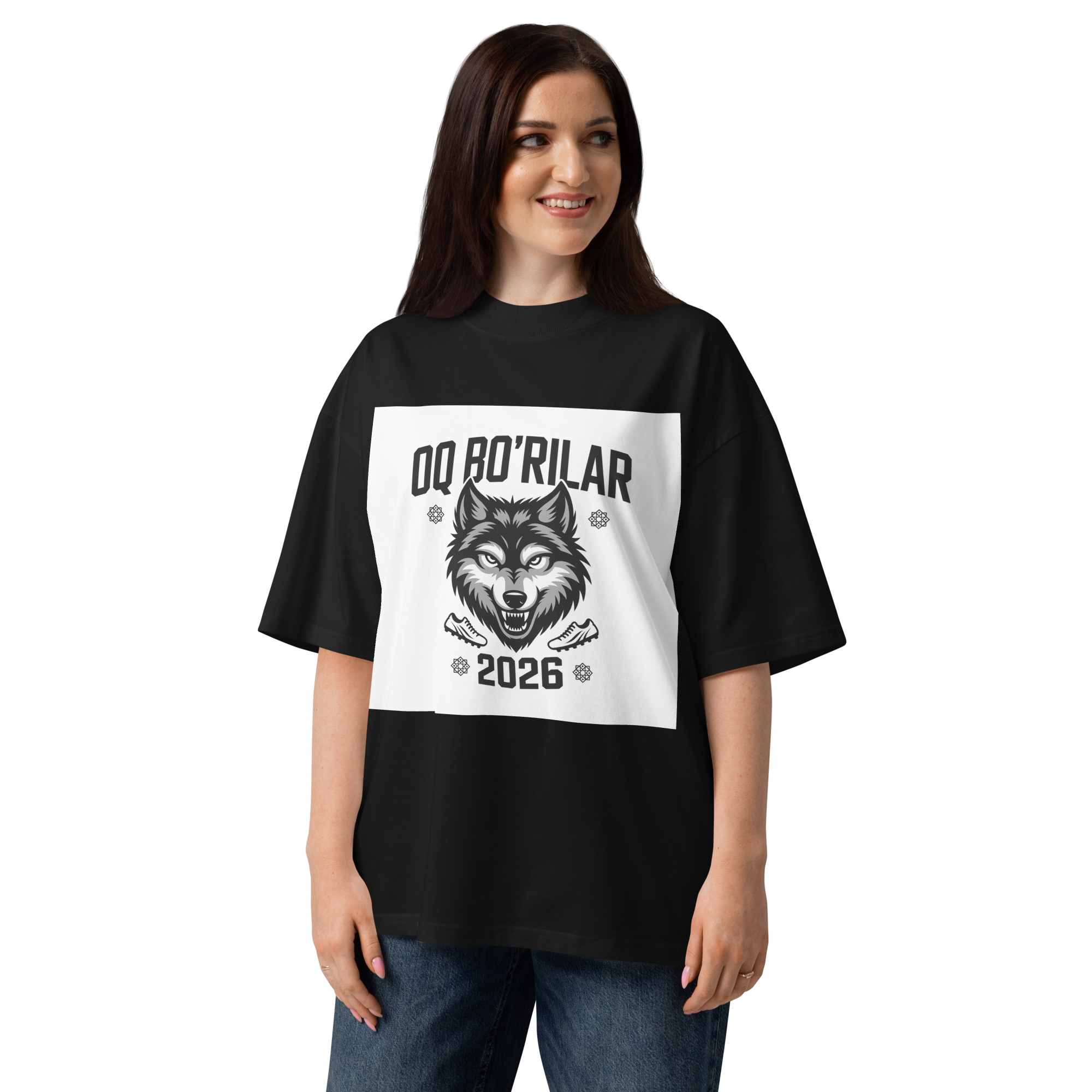 Oq Bo'rilar 2026 wolf football tee — black, front view