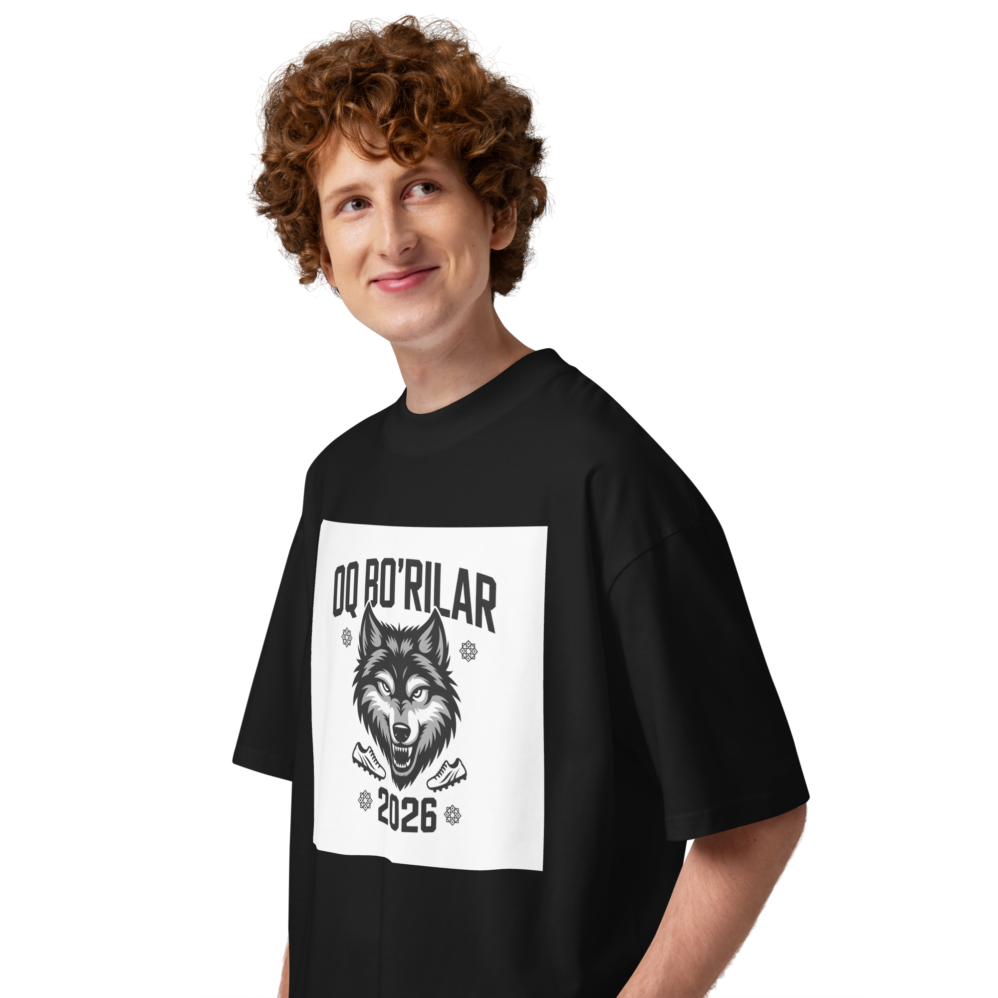 Oq Bo'rilar 2026 wolf football tee — black, side view
