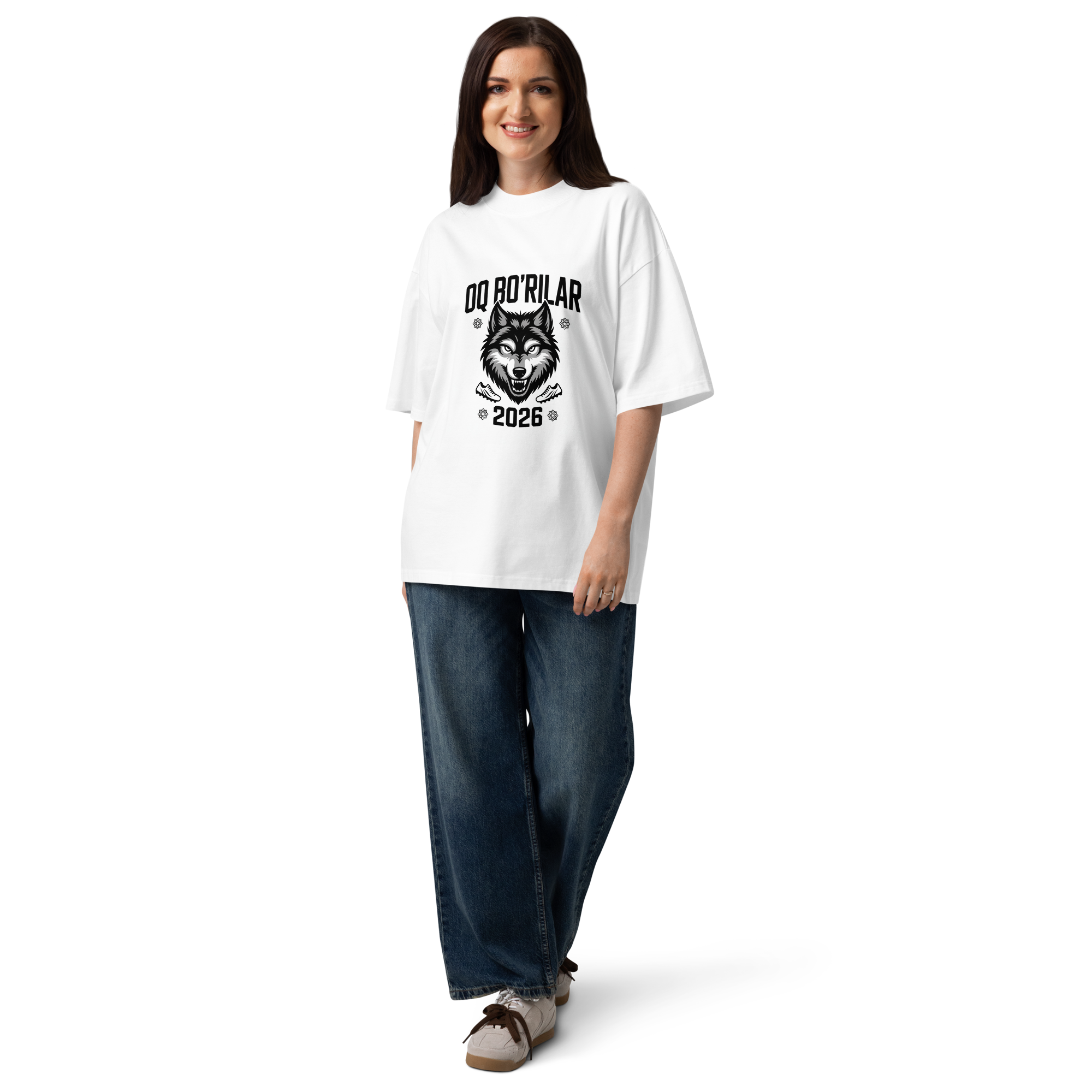 Oq Bo'rilar 2026 wolf football tee — white, detail view