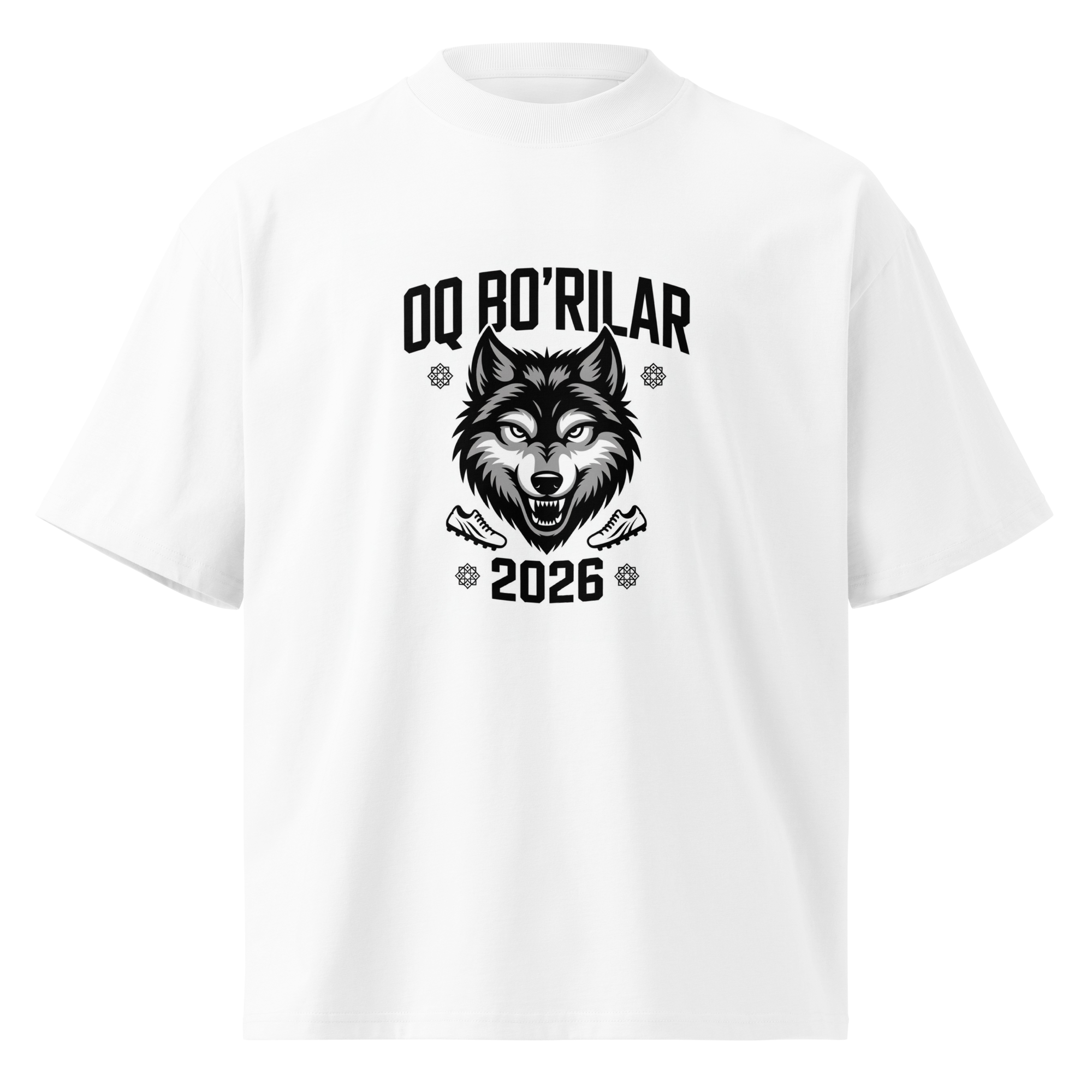 Oq Bo'rilar 2026 wolf football tee — white, front view