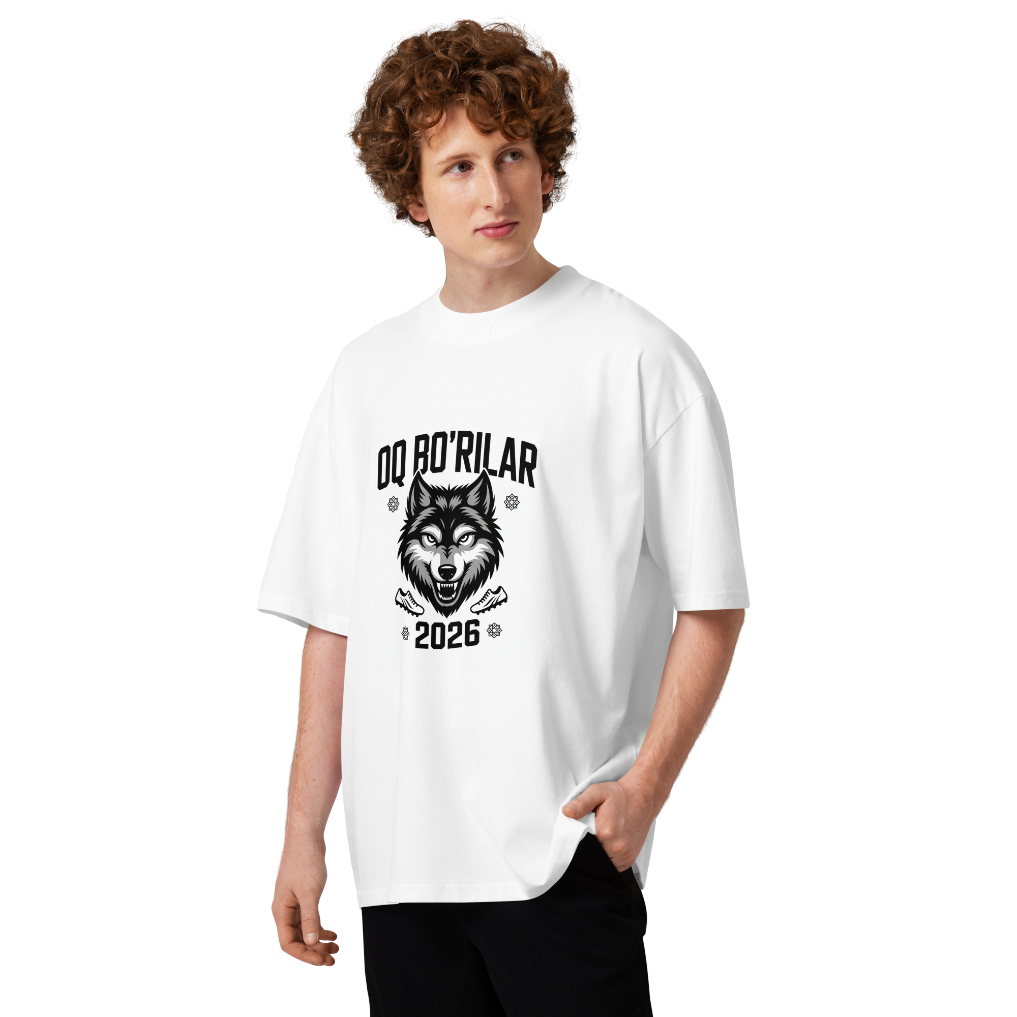 Oq Bo'rilar 2026 wolf football tee — white, front view