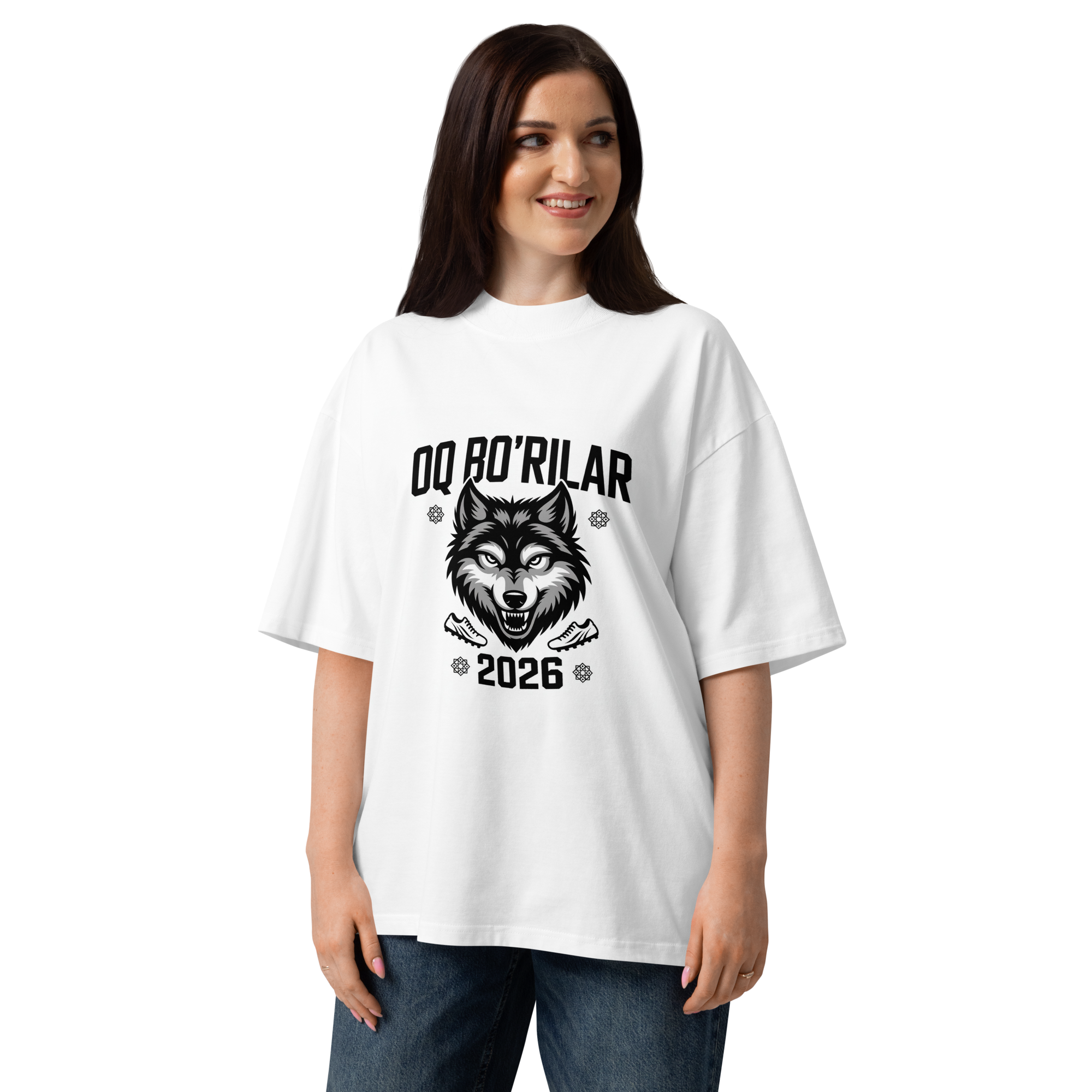 Oq Bo'rilar 2026 wolf football tee — white, front view