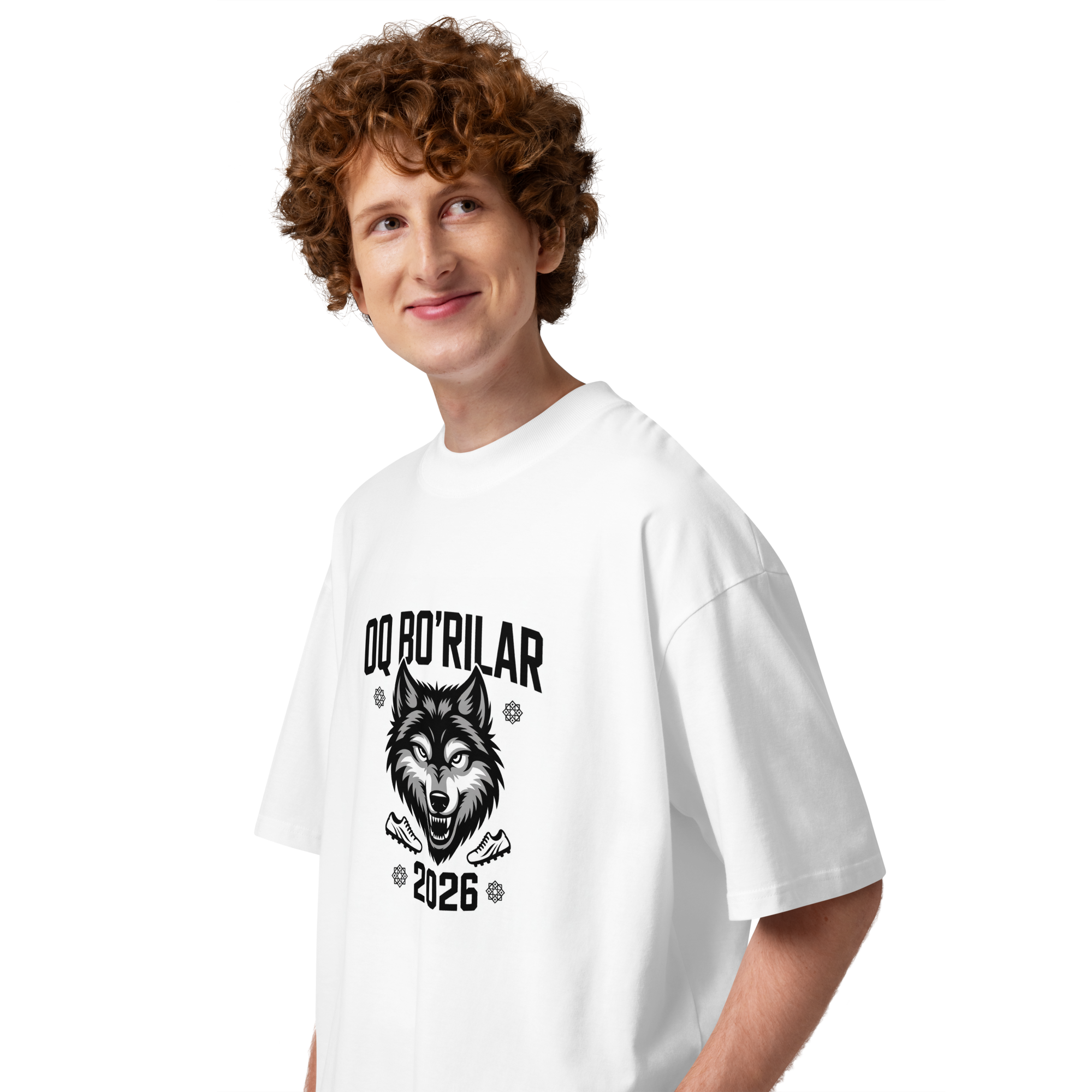 Oq Bo'rilar 2026 wolf football tee — white, side view