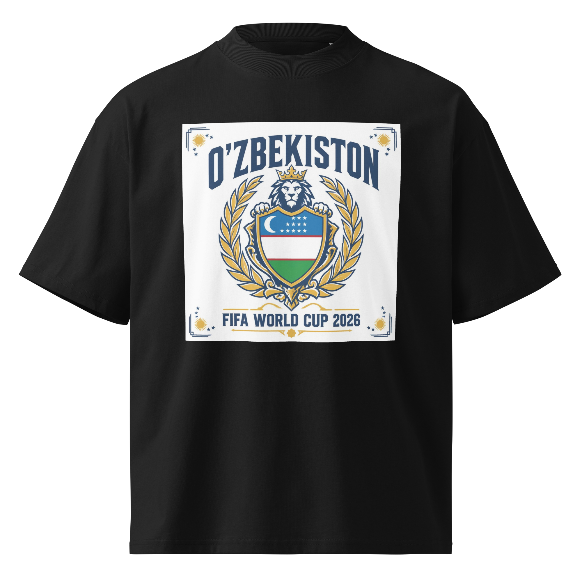 O'zbekiston FIFA World Cup 2026 royal crest tee — black, front view
