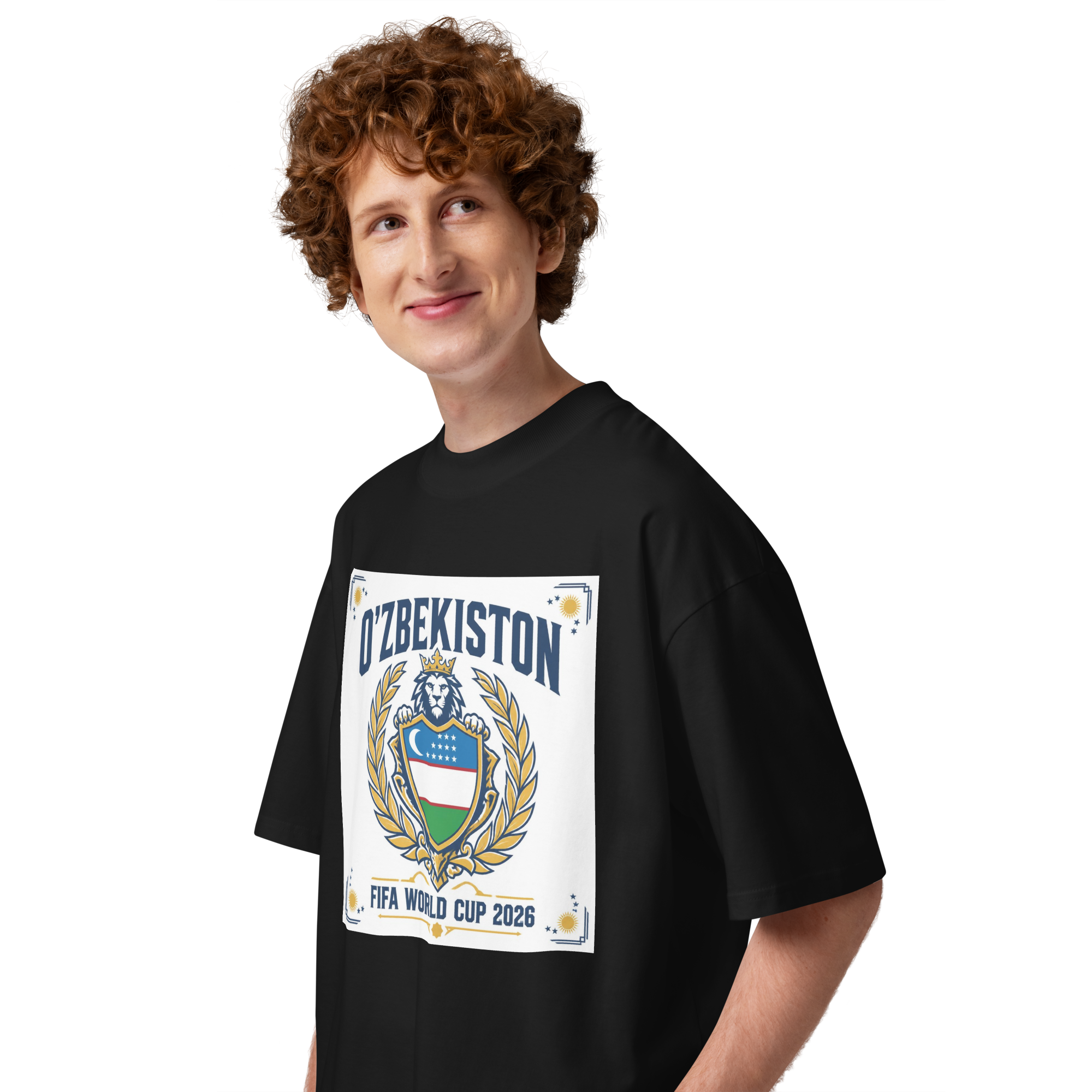 O'zbekiston FIFA World Cup 2026 royal crest tee — black, side view