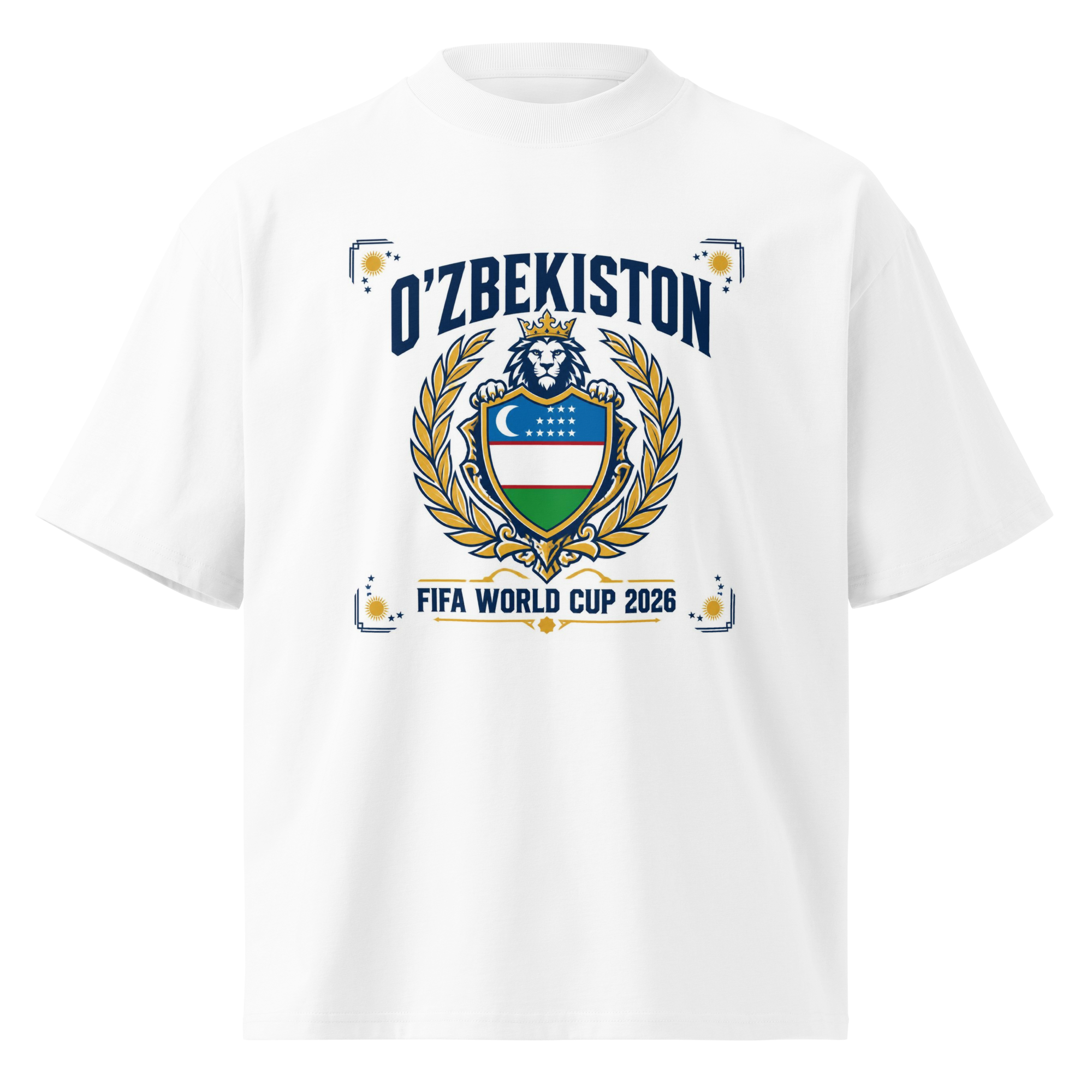 O'zbekiston FIFA World Cup 2026 royal crest tee — white, front view