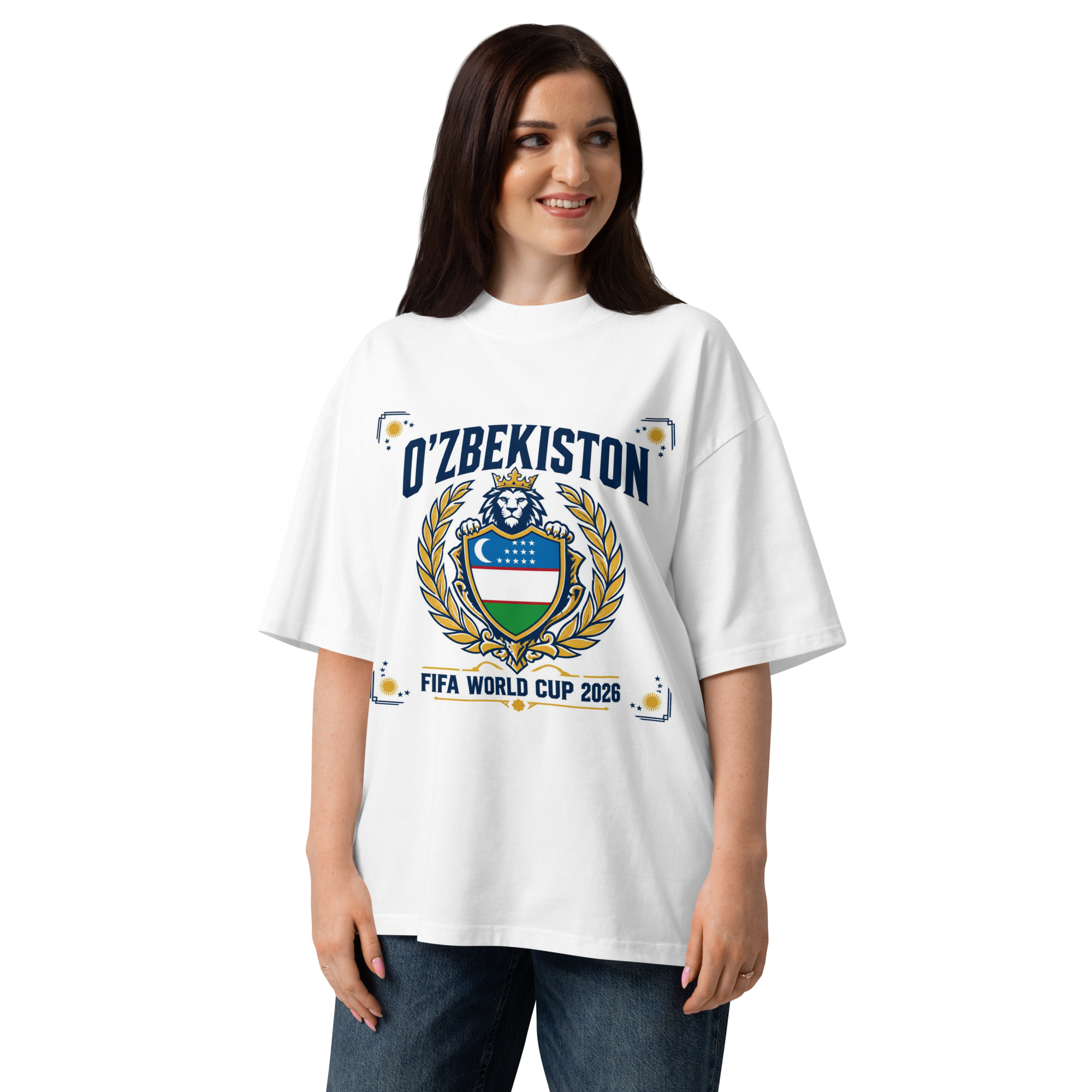 O'zbekiston FIFA World Cup 2026 royal crest tee — white, front view