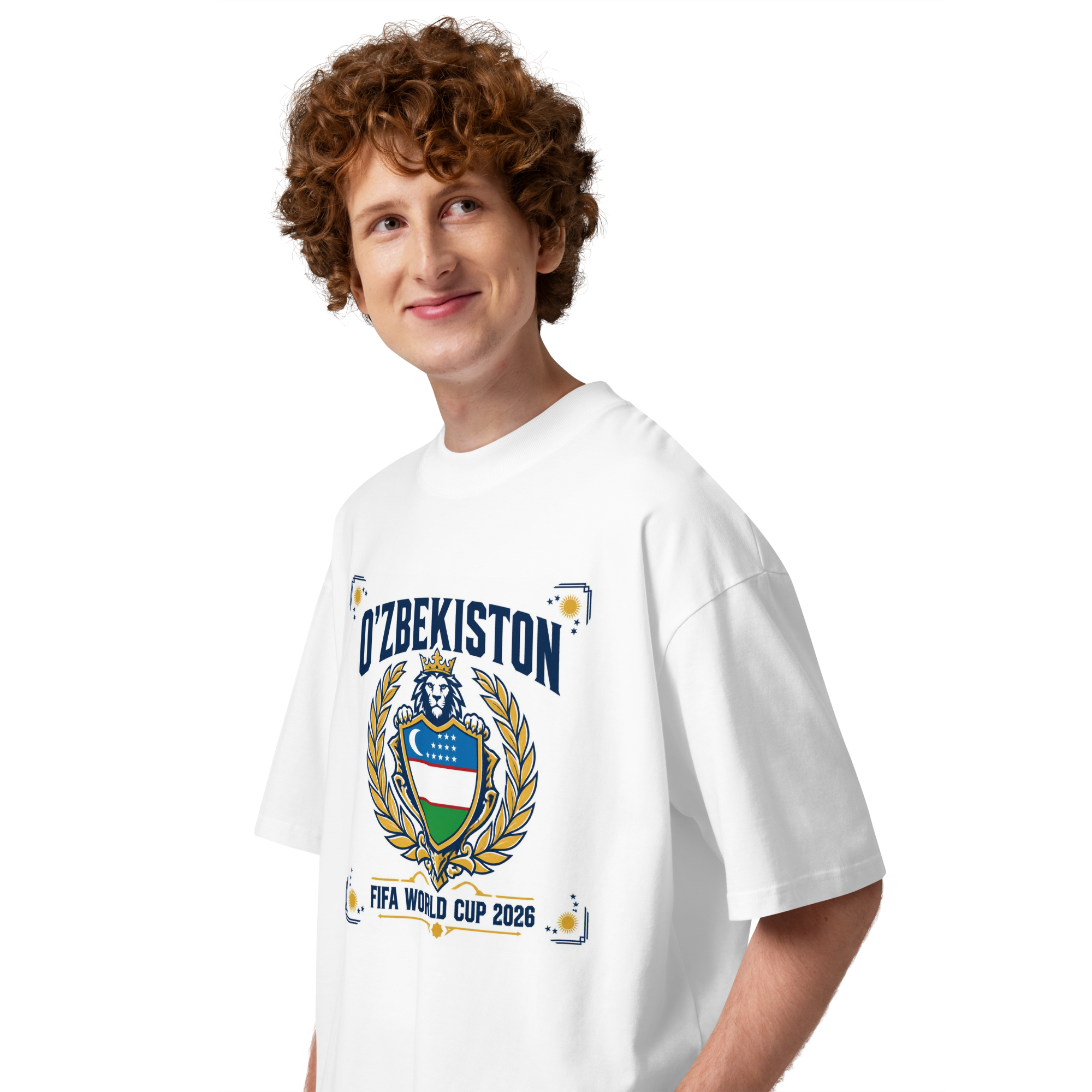 O'zbekiston FIFA World Cup 2026 royal crest tee — white, side view