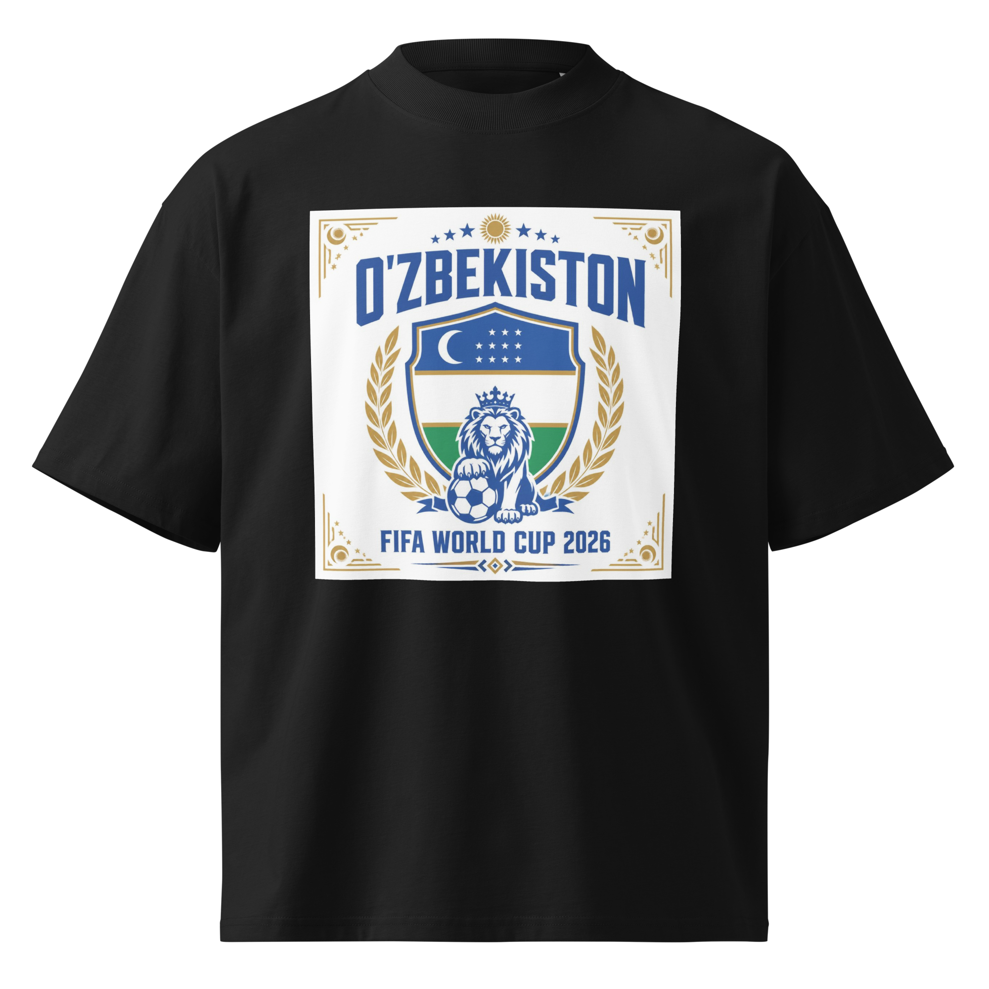 O'zbekiston FIFA World Cup 2026 lion crest tee — black, front view