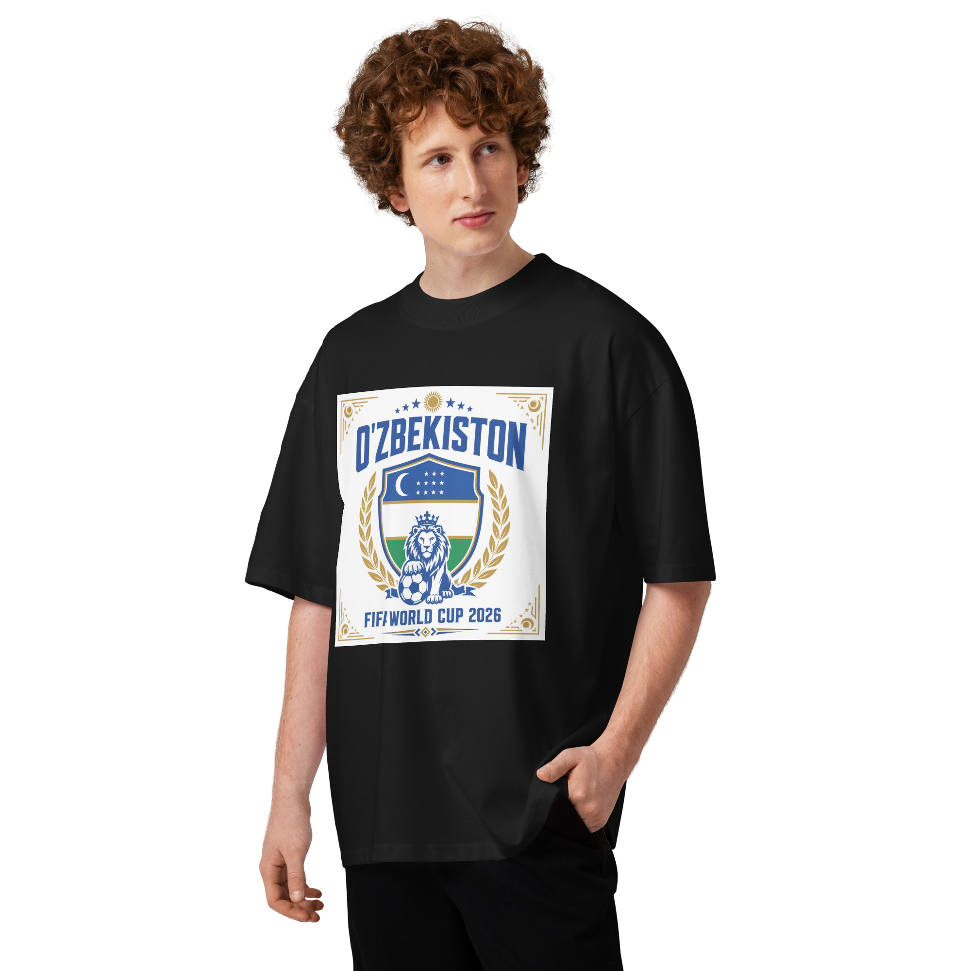 O'zbekiston FIFA World Cup 2026 lion crest tee — black, front view