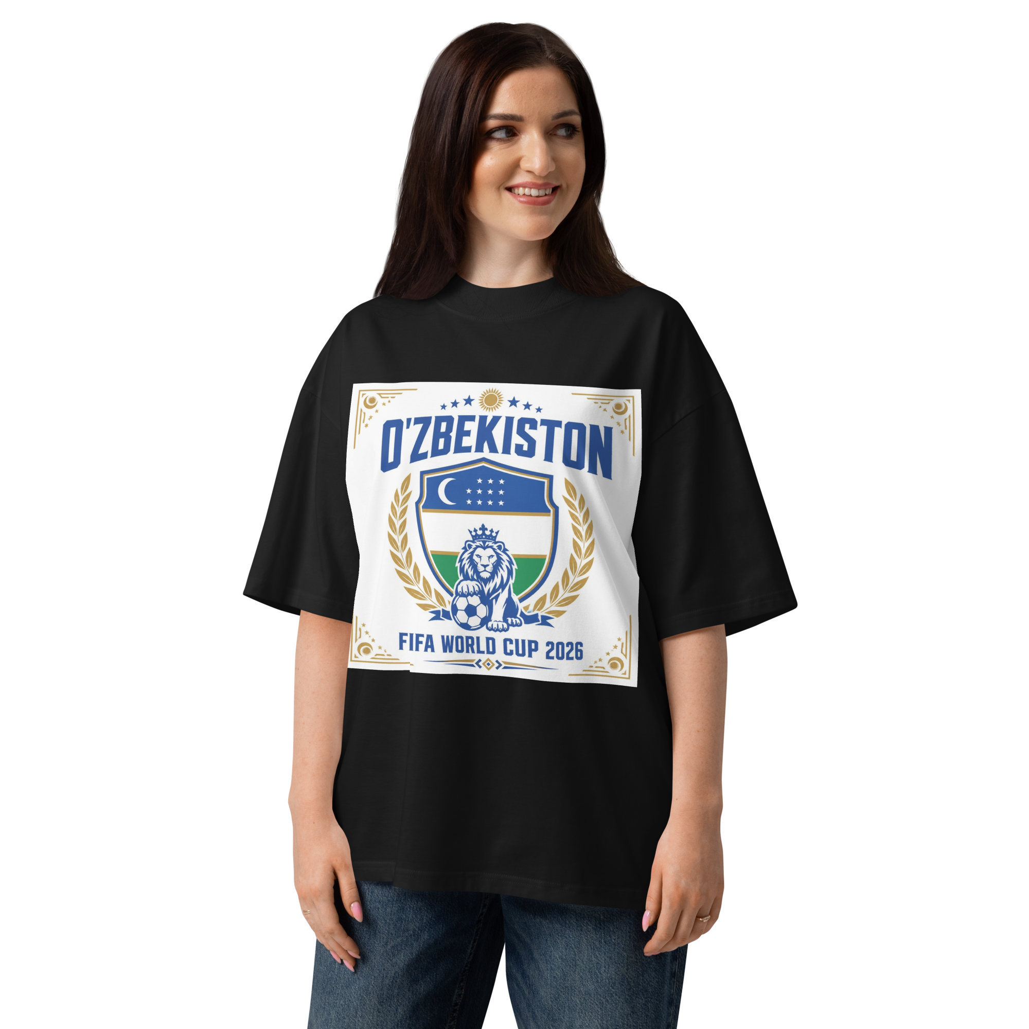 O'zbekiston FIFA World Cup 2026 lion crest tee — black, front view
