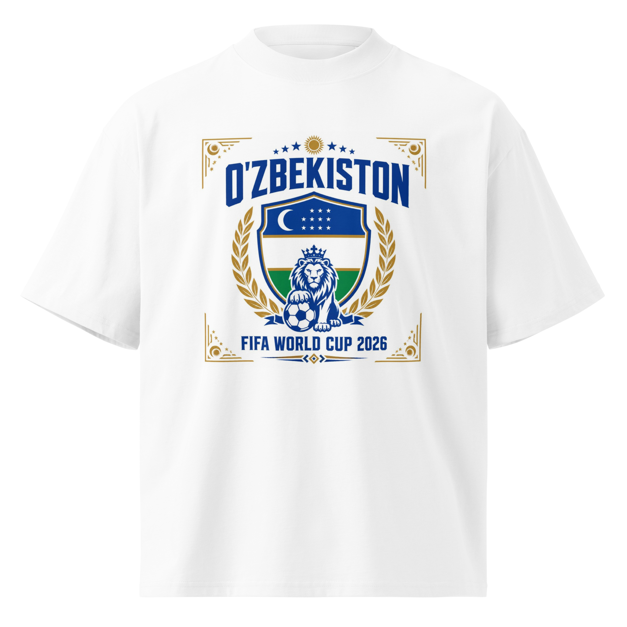 O'zbekiston FIFA World Cup 2026 lion crest tee — white, front view