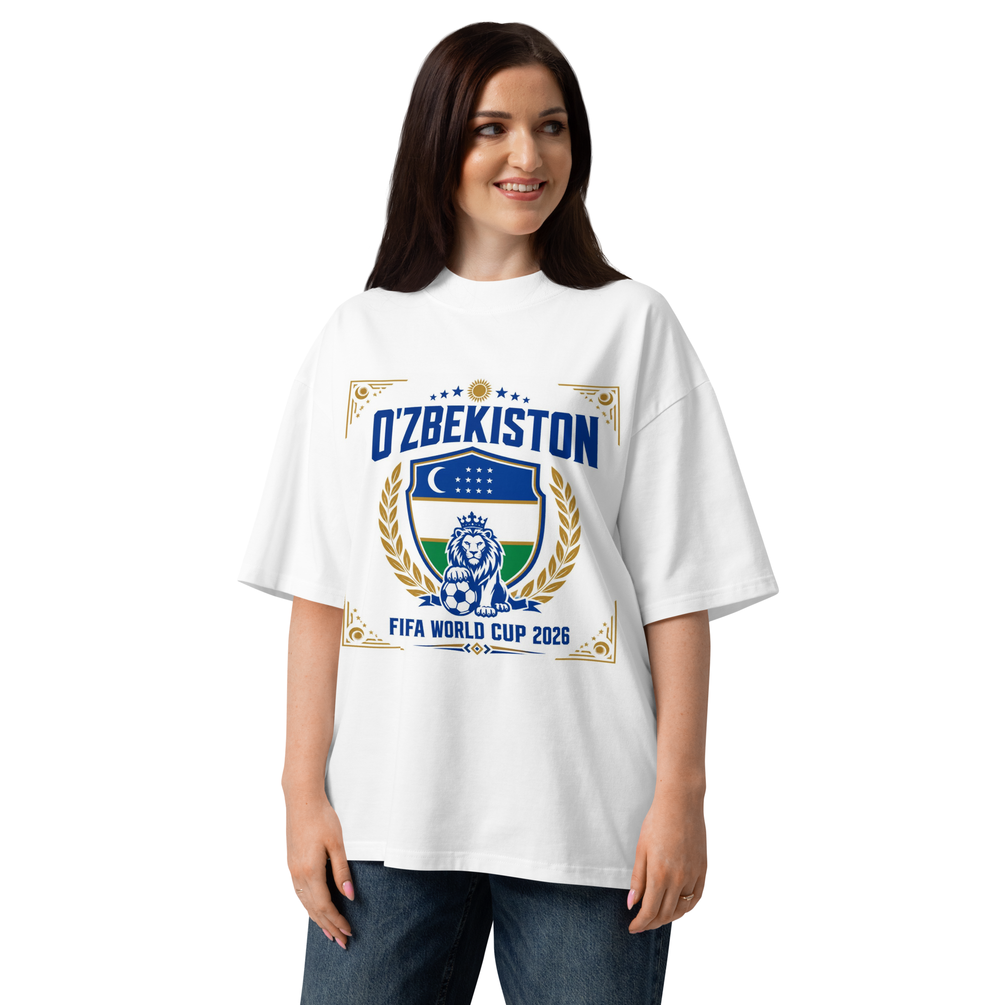 O'zbekiston FIFA World Cup 2026 lion crest tee — white, front view