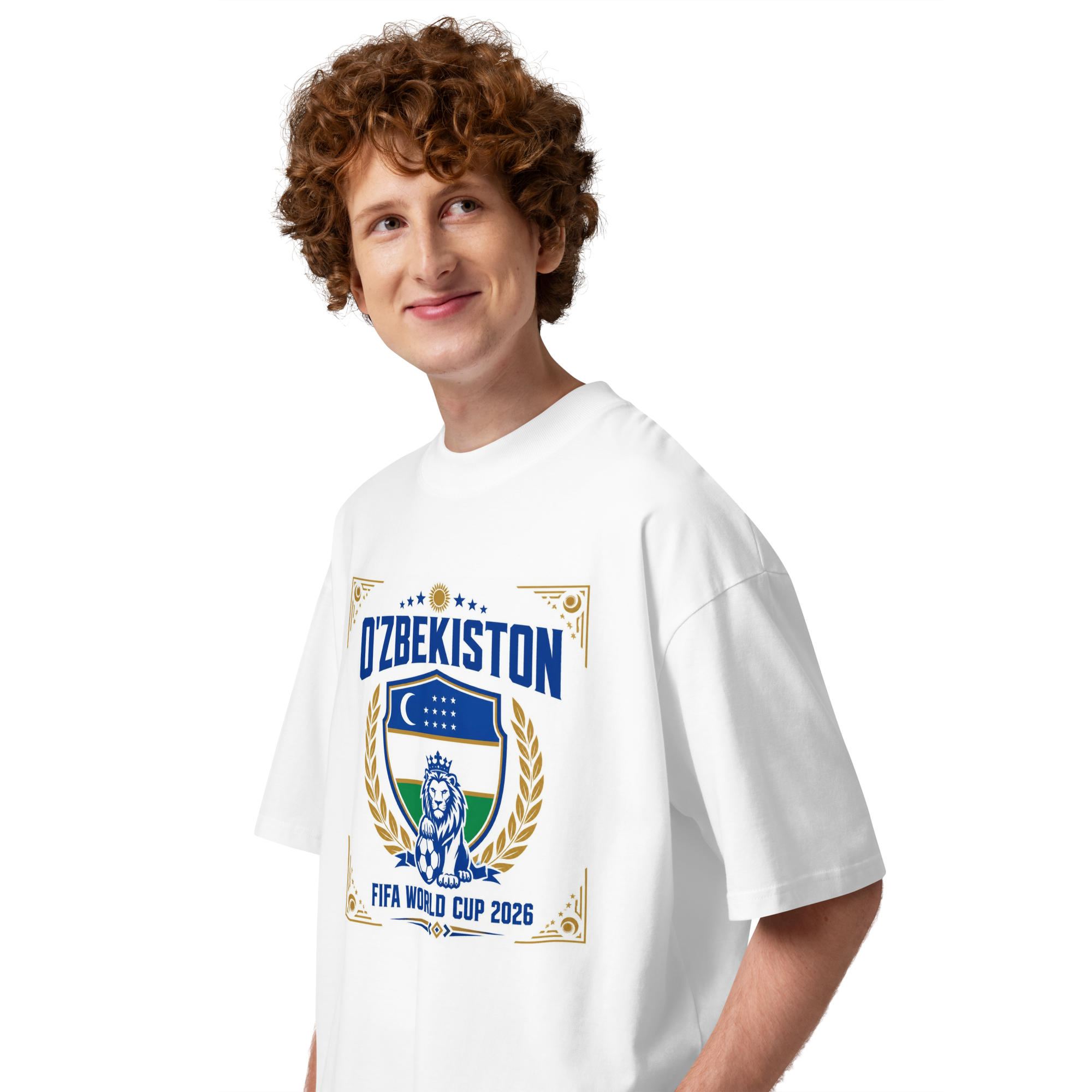 O'zbekiston FIFA World Cup 2026 lion crest tee — white, side view