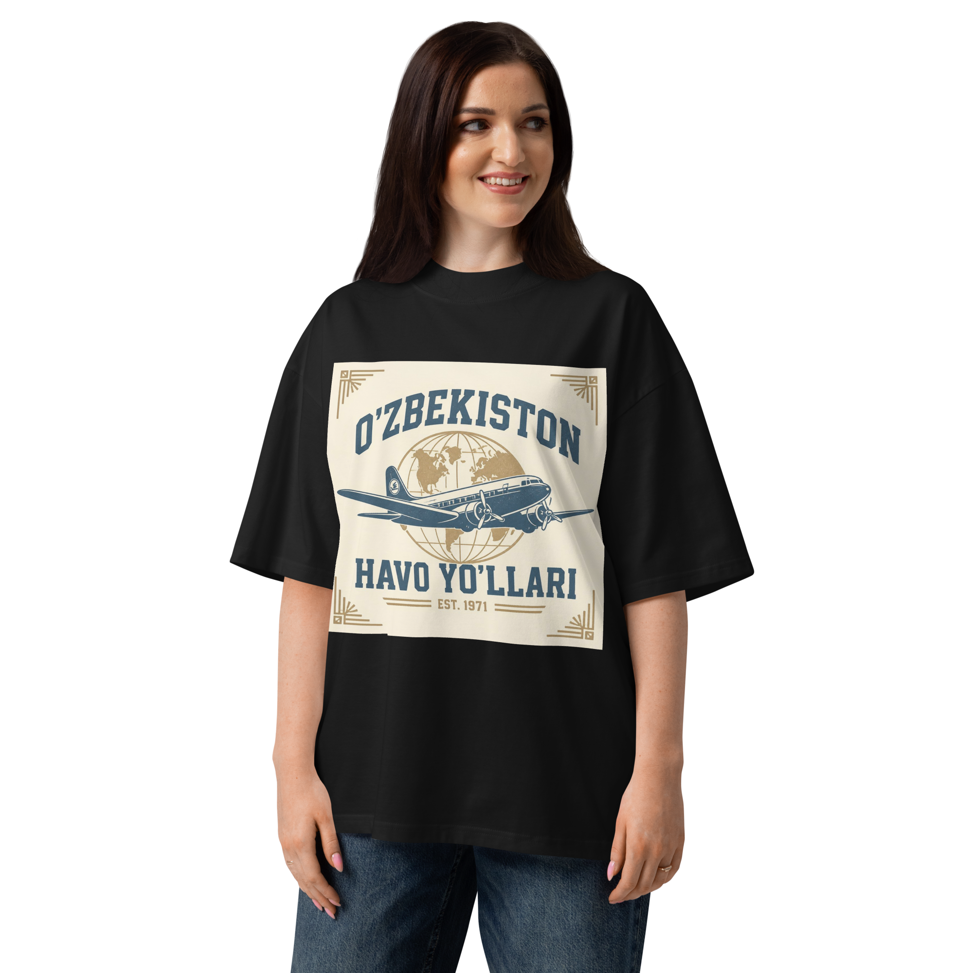 O'zbekiston Havo Yo'llari retro airline tee — black, front view