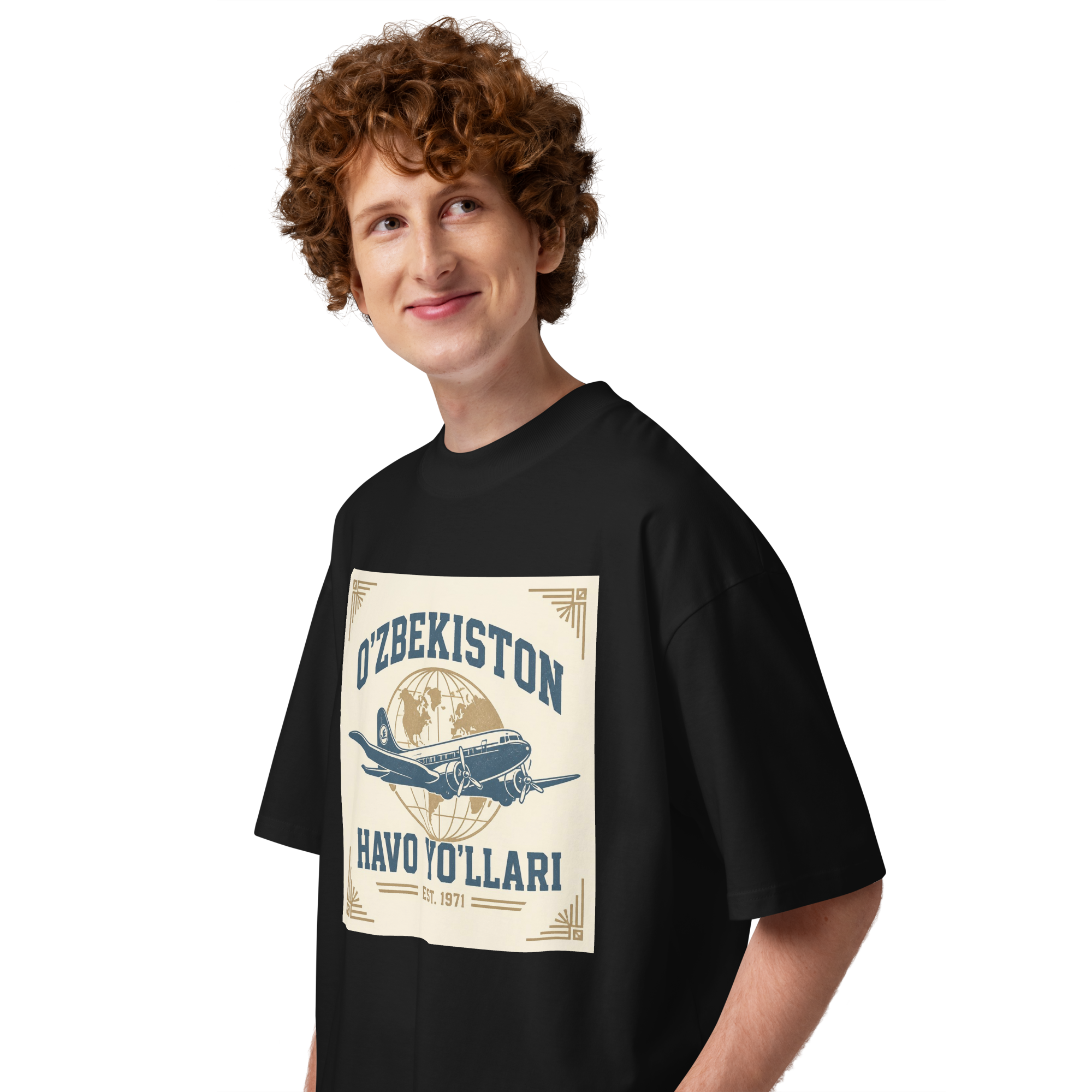O'zbekiston Havo Yo'llari retro airline tee — black, side view