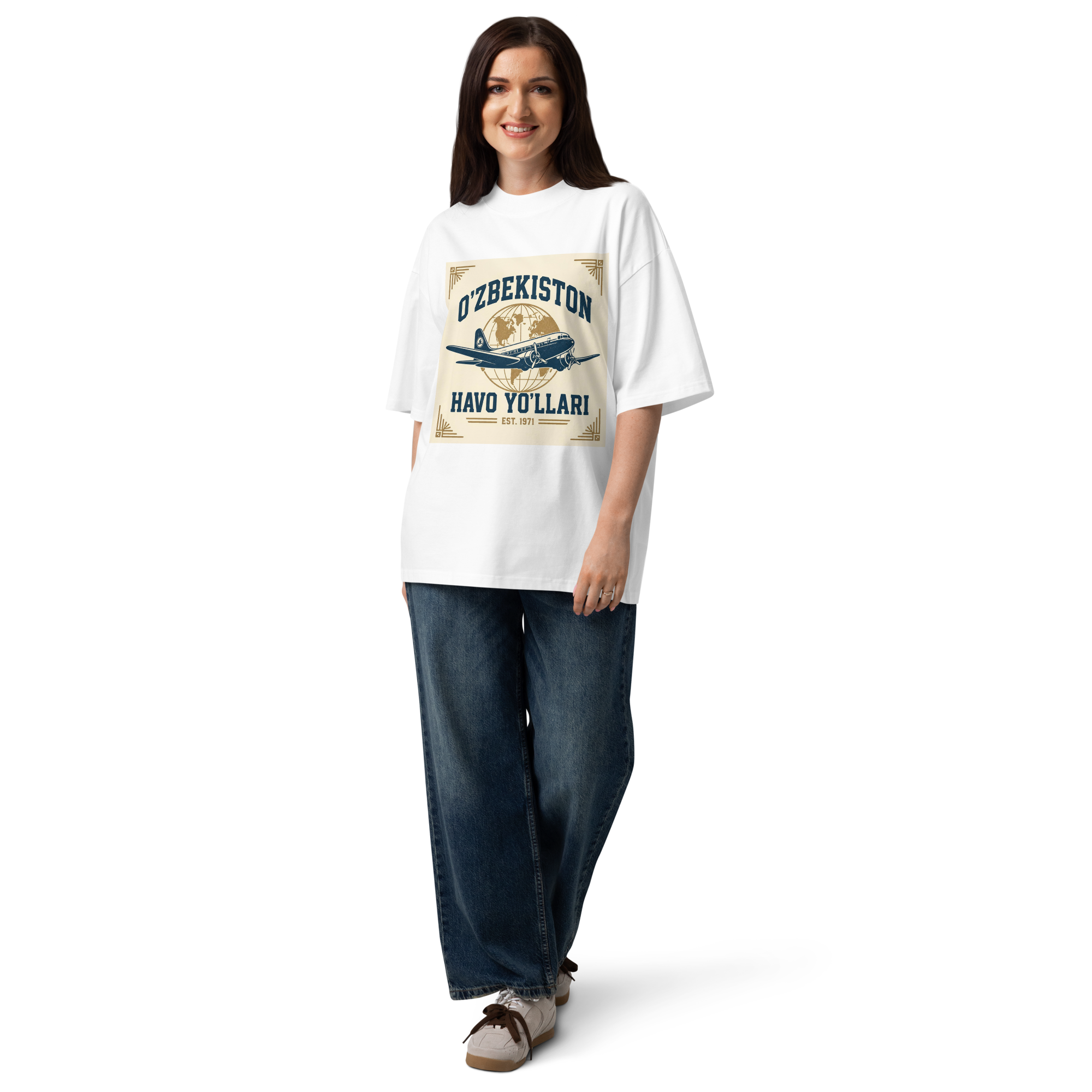 O'zbekiston Havo Yo'llari retro airline tee — white, detail view
