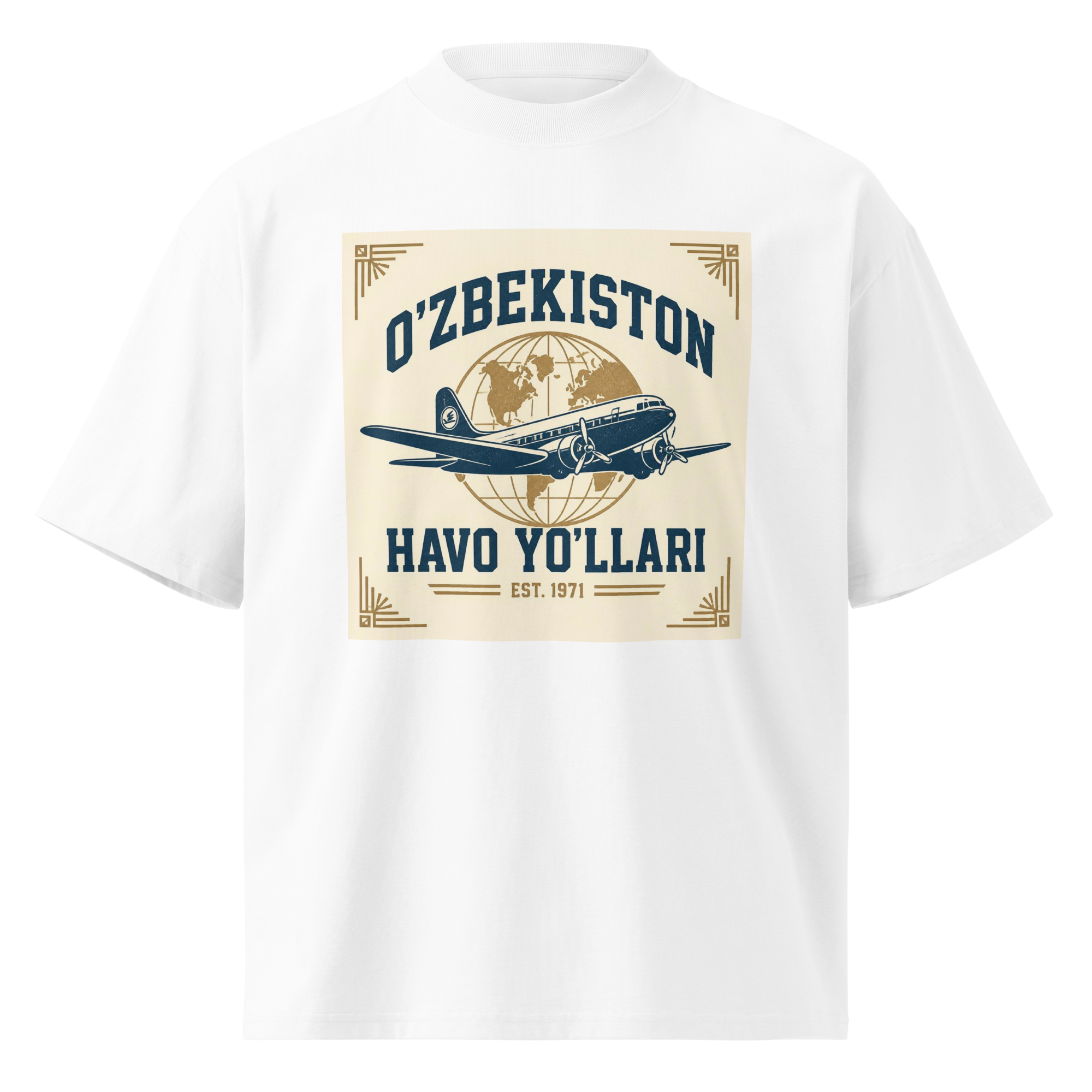 O'zbekiston Havo Yo'llari retro airline tee — white, front view