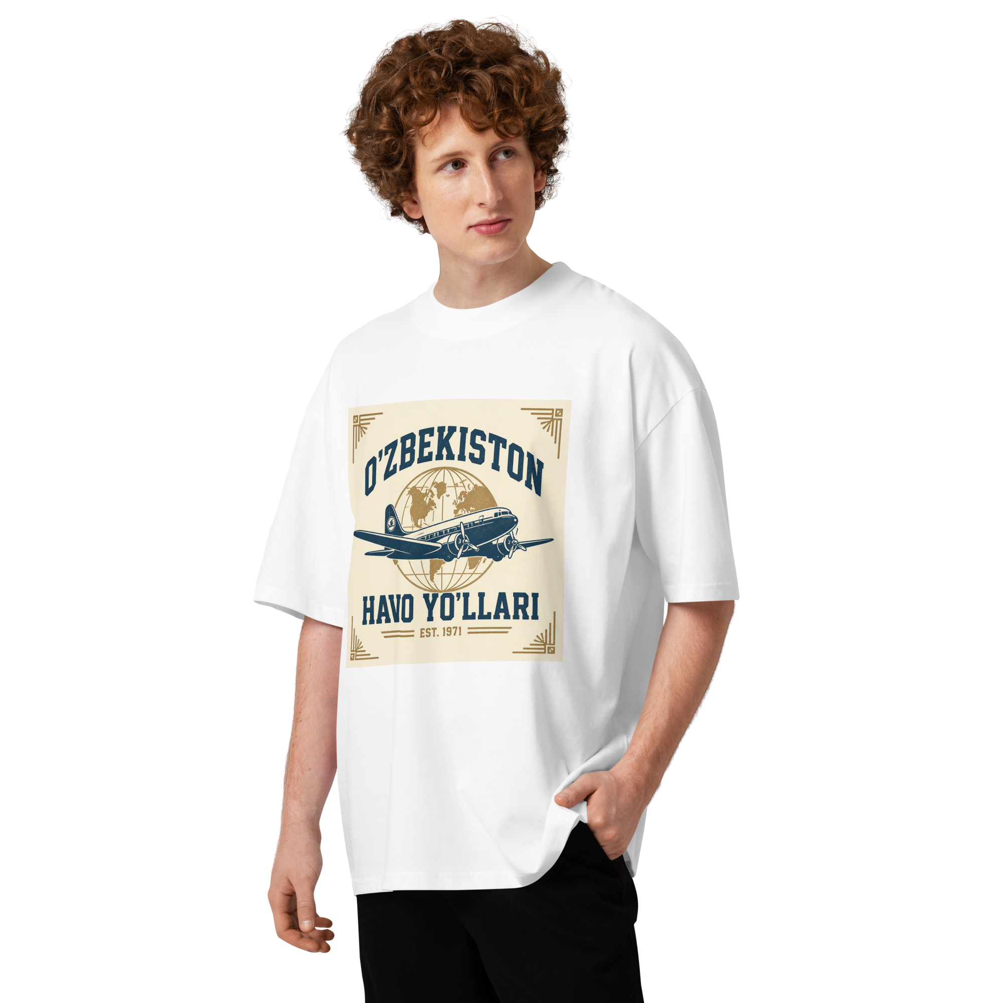 O'zbekiston Havo Yo'llari retro airline tee — white, front view