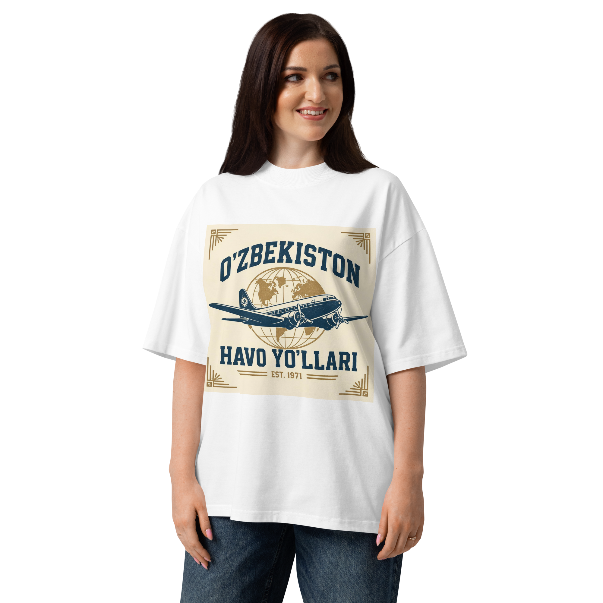 O'zbekiston Havo Yo'llari retro airline tee — white, front view