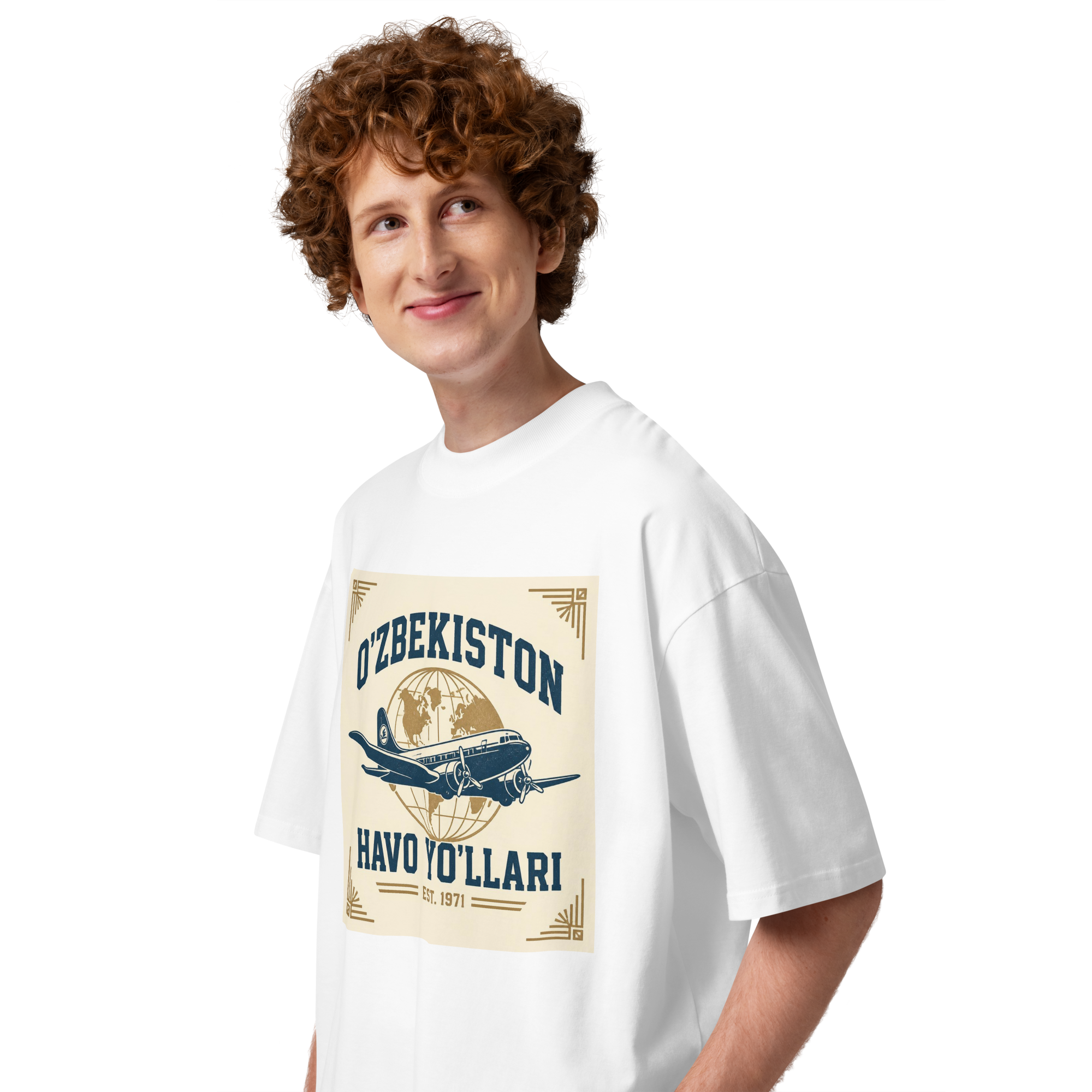 O'zbekiston Havo Yo'llari retro airline tee — white, side view