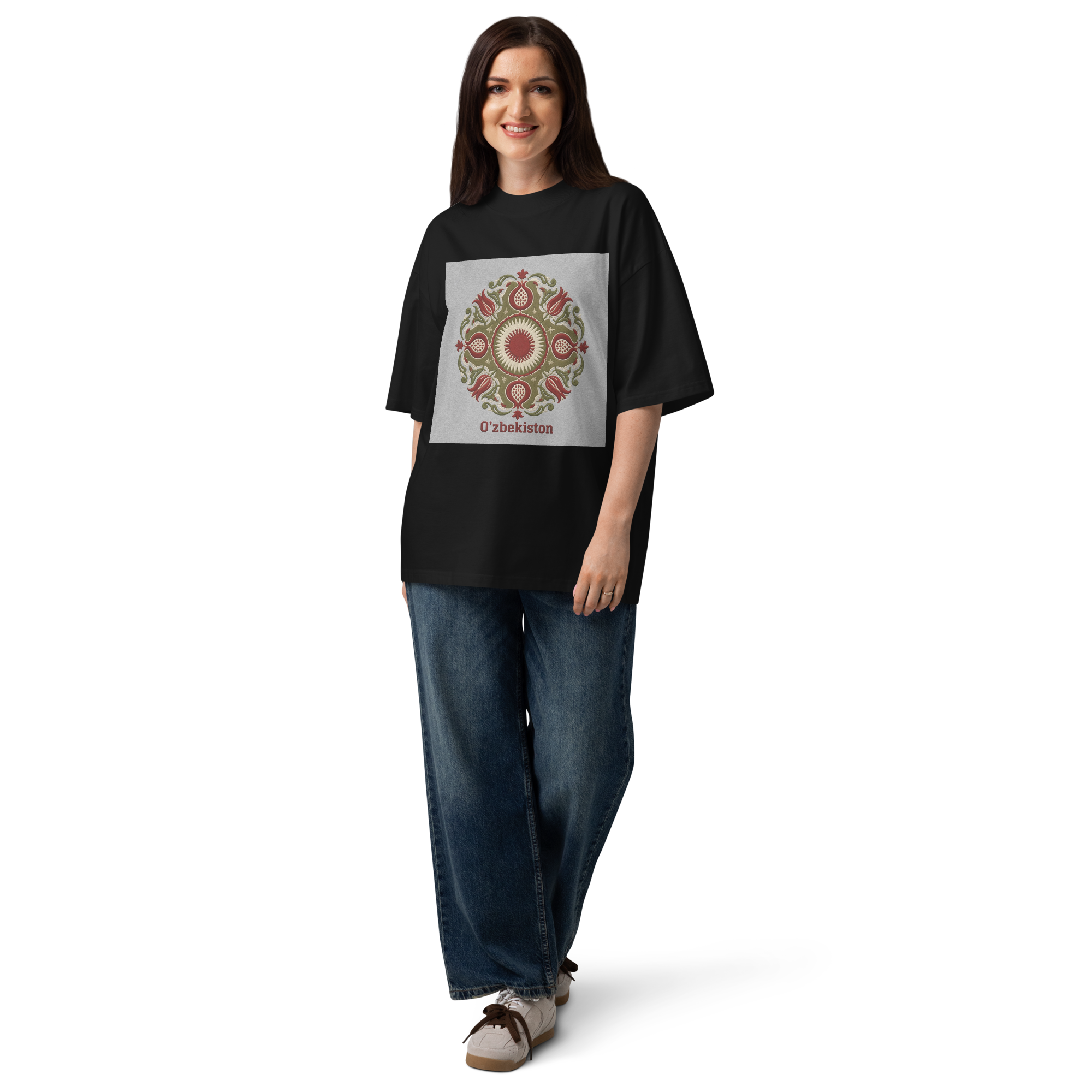 O'zbekiston suzani ornament tee — black, detail view