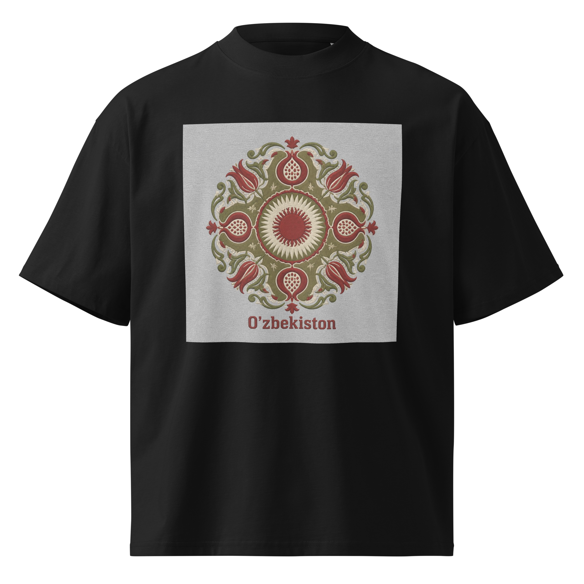 O'zbekiston suzani ornament tee — black, front view