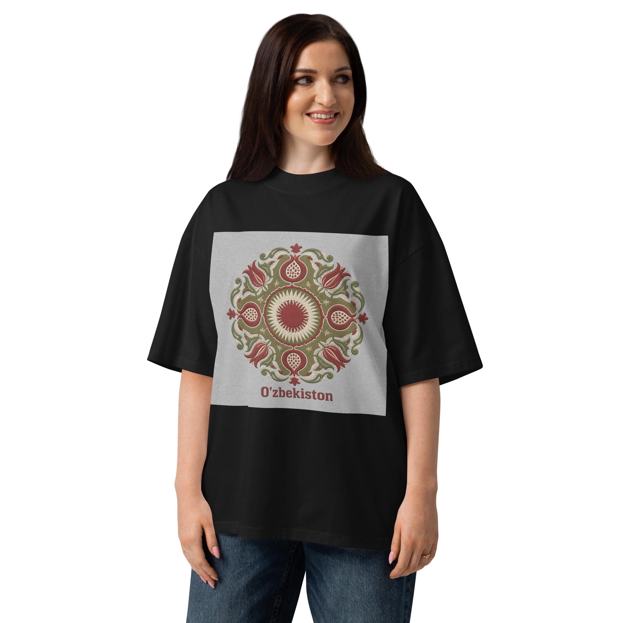 O'zbekiston suzani ornament tee — black, front view