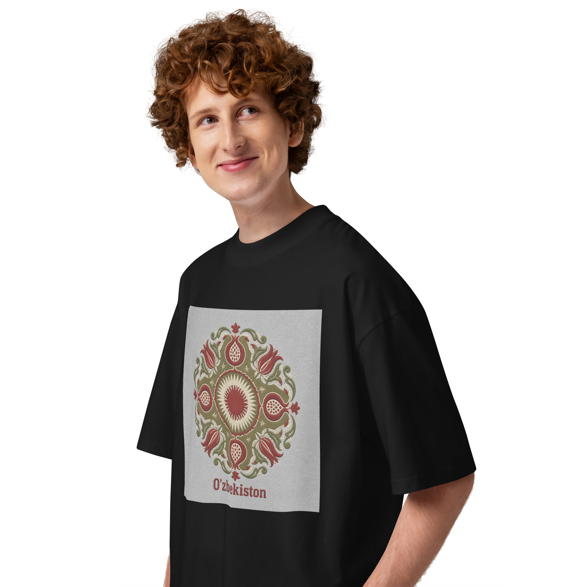 O'zbekiston suzani ornament tee — black, side view