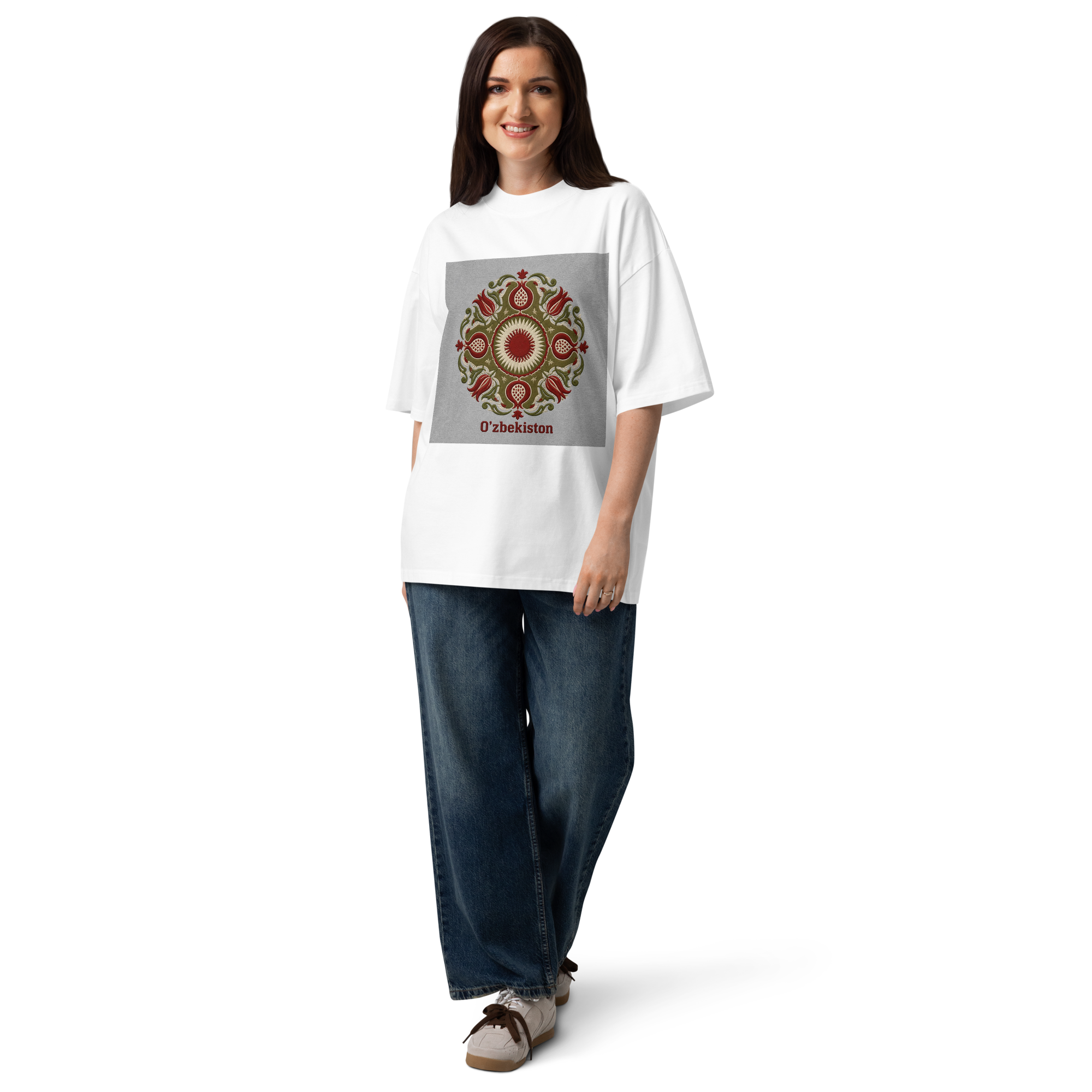 O'zbekiston suzani ornament tee — white, detail view