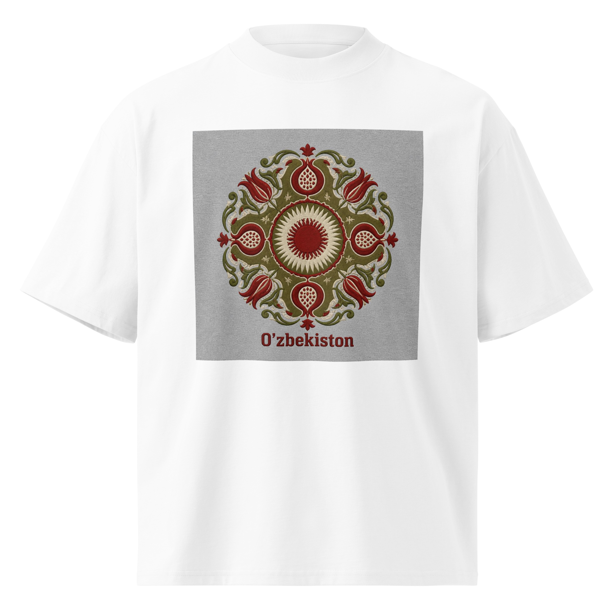O'zbekiston suzani ornament tee — white, front view