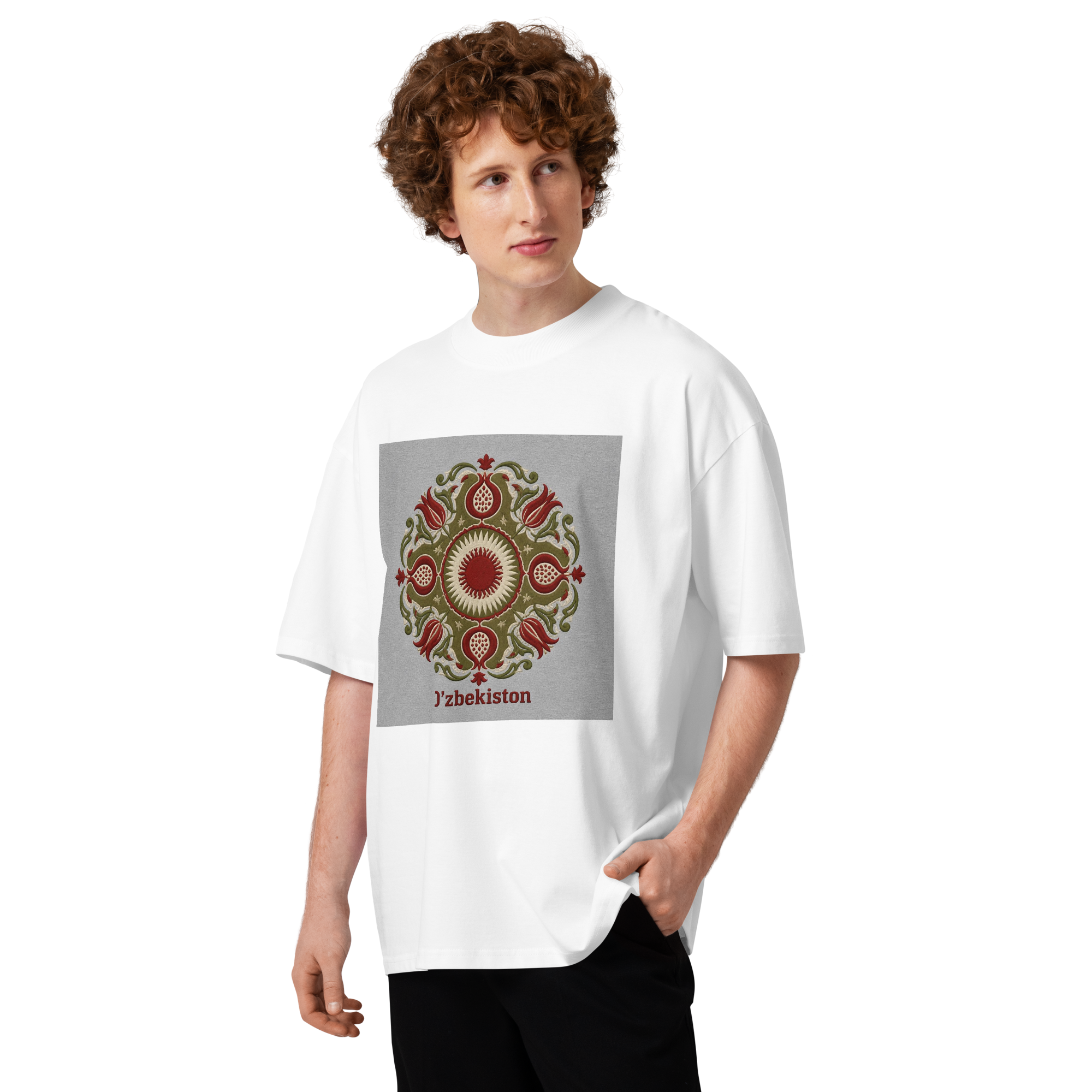 O'zbekiston suzani ornament tee — white, front view