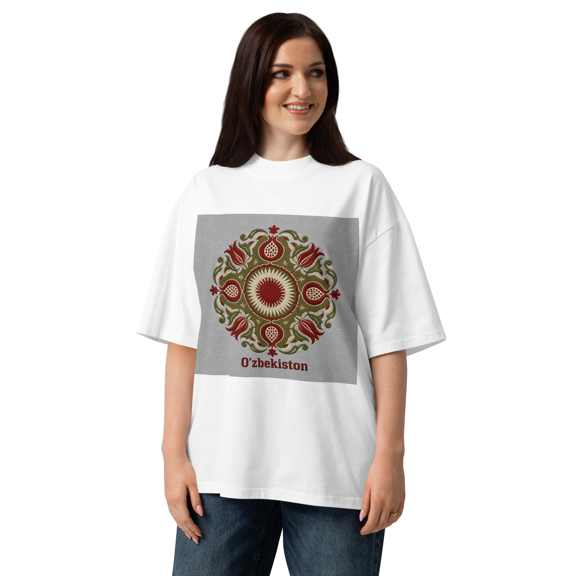 O'zbekiston suzani ornament tee — white, front view