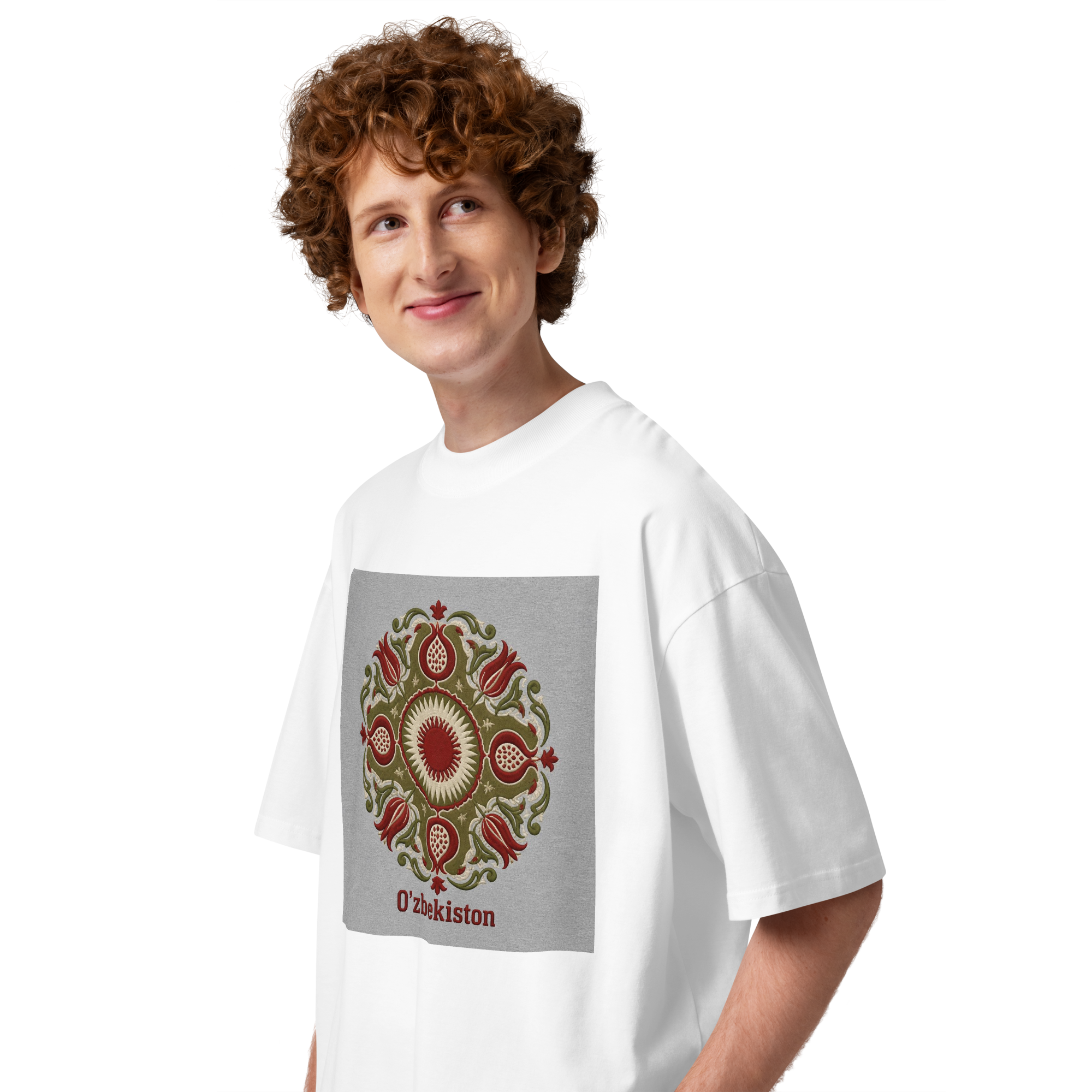 O'zbekiston suzani ornament tee — white, side view