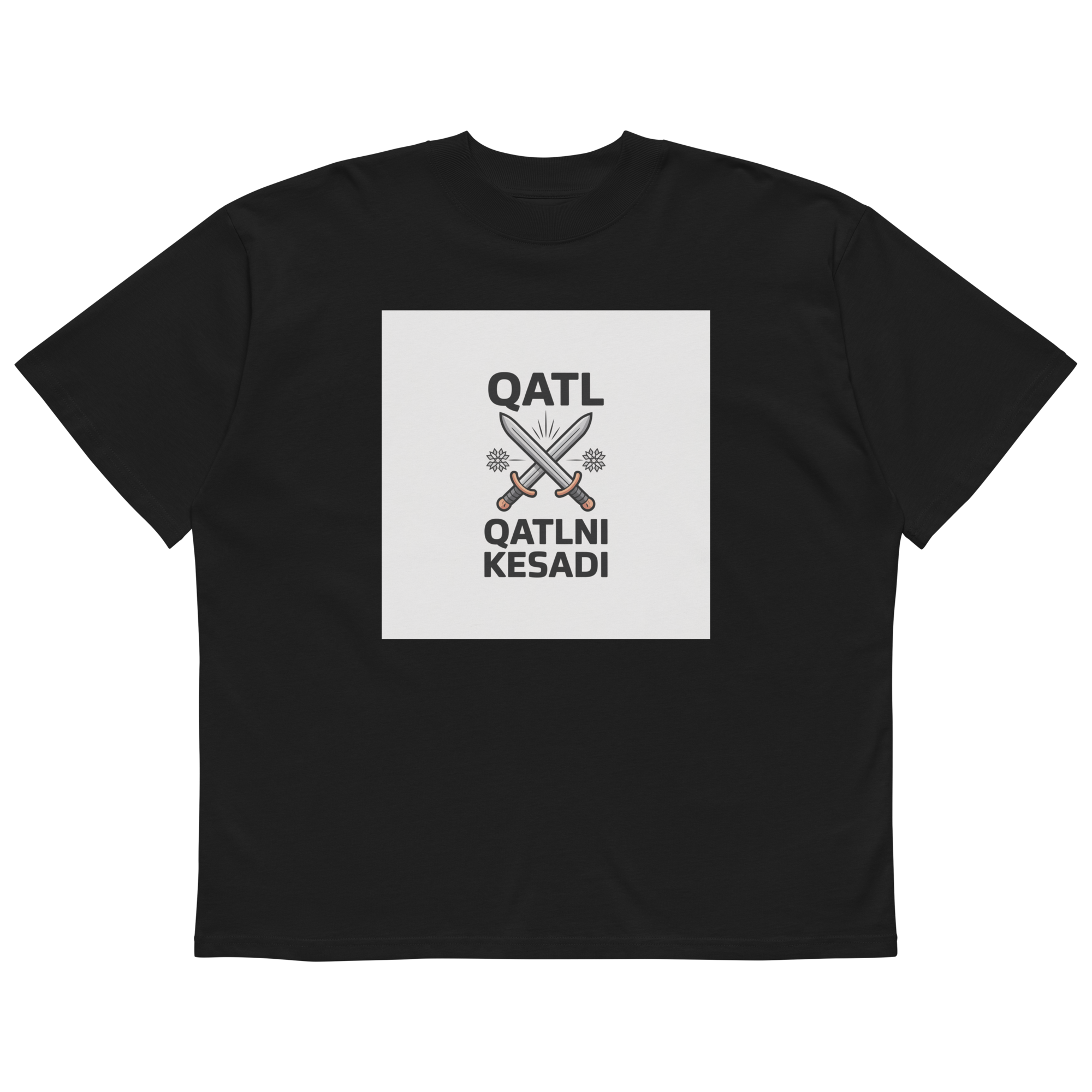 Uzbek street proverb "Qatl Qatlni Kesadi" crossed-swords tee — black, front view