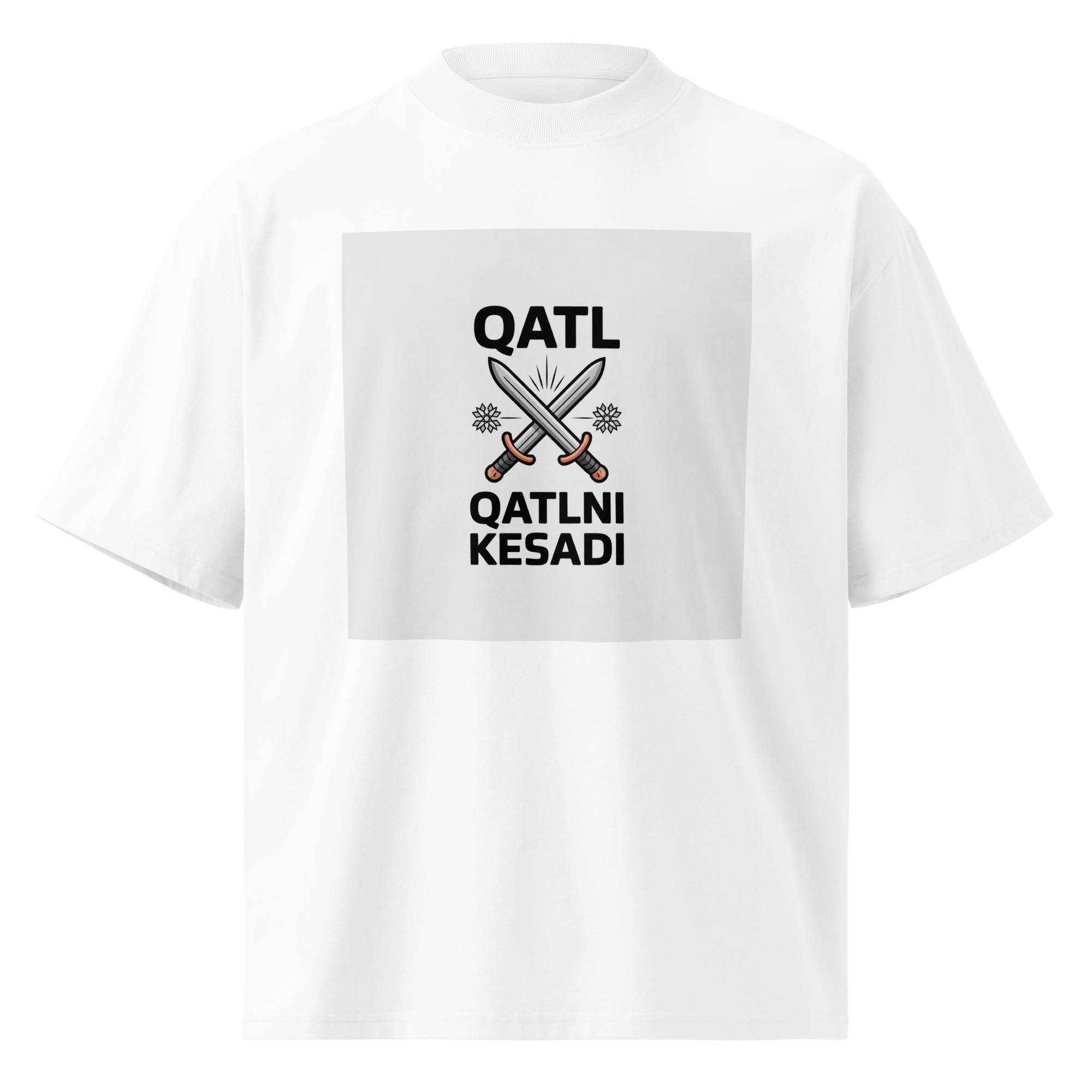 Uzbek street proverb "Qatl Qatlni Kesadi" crossed-swords tee — white, front view