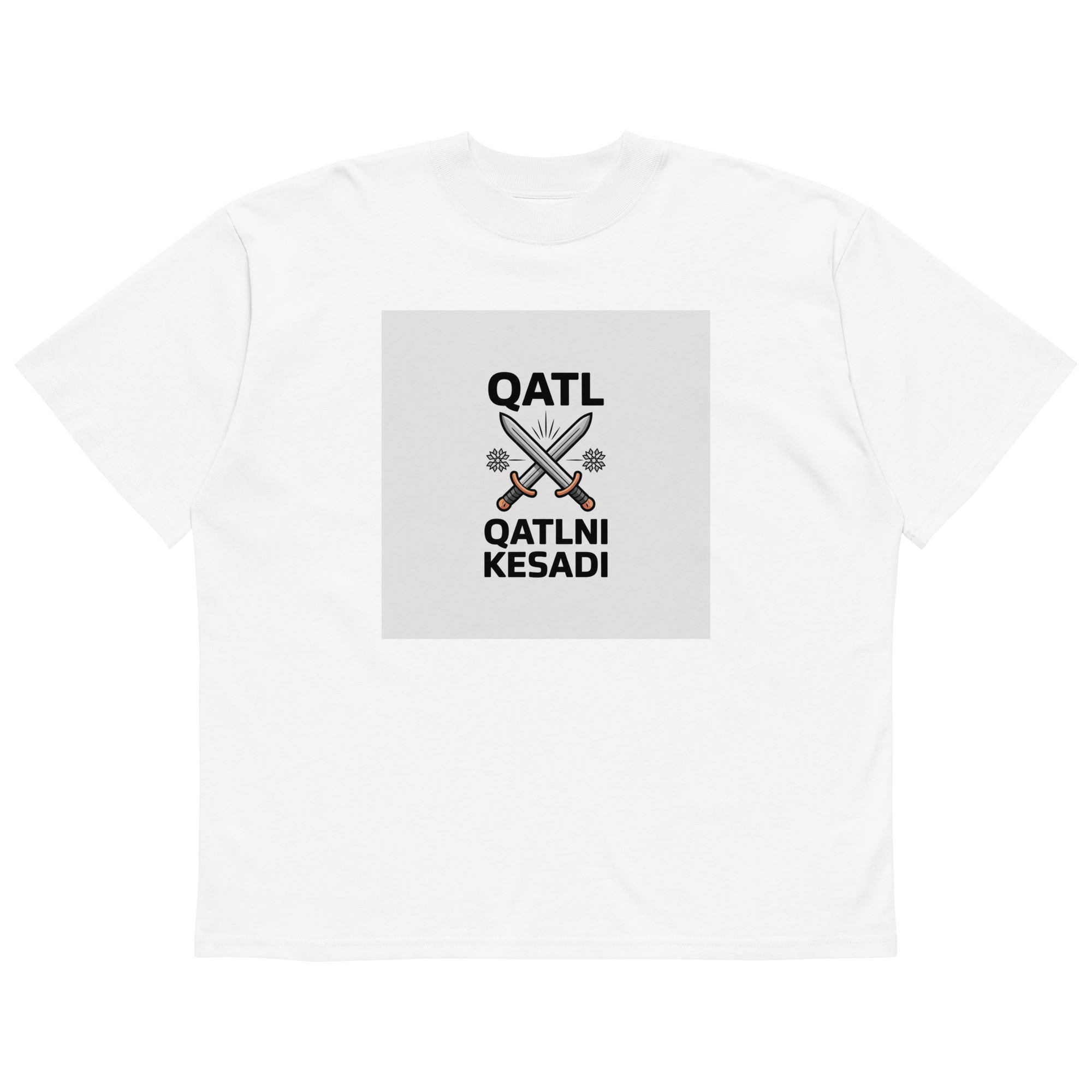 Uzbek street proverb "Qatl Qatlni Kesadi" crossed-swords tee — white, front view