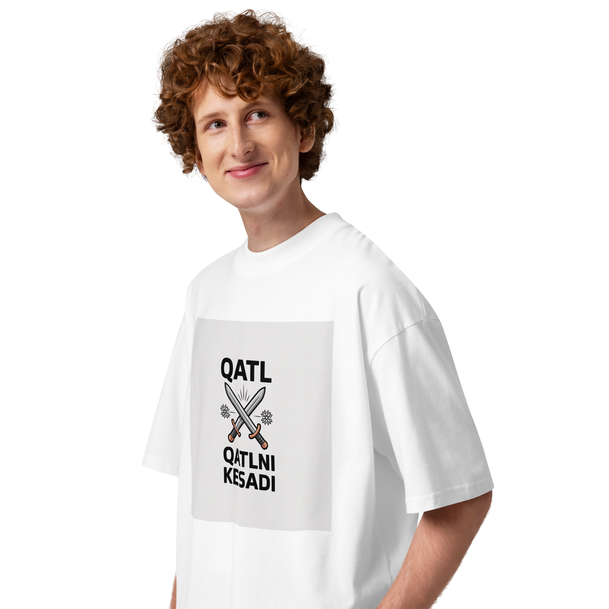 Uzbek street proverb "Qatl Qatlni Kesadi" crossed-swords tee — white, side view