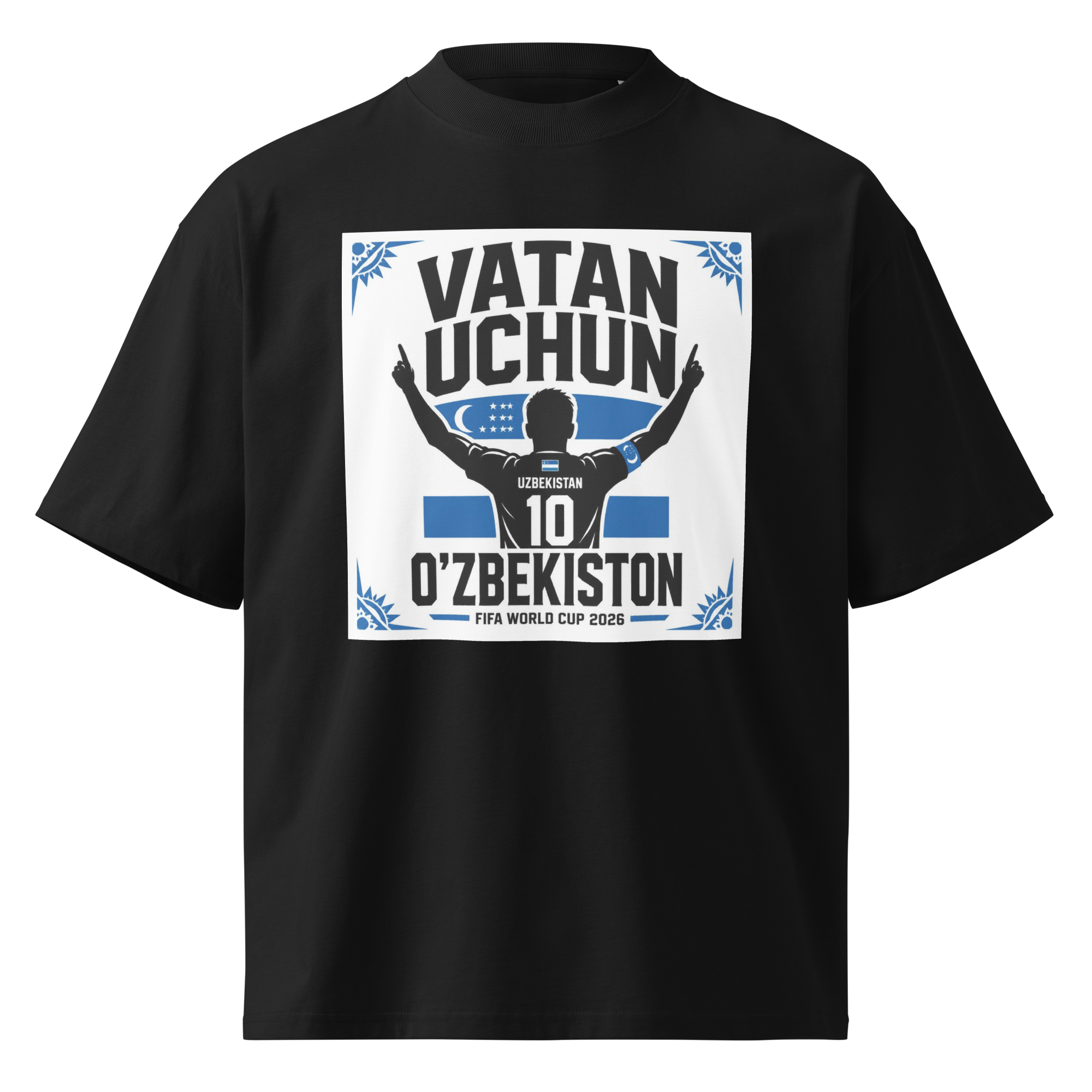 Vatan Uchun O'zbekiston #10 footballer silhouette tee — black, front view