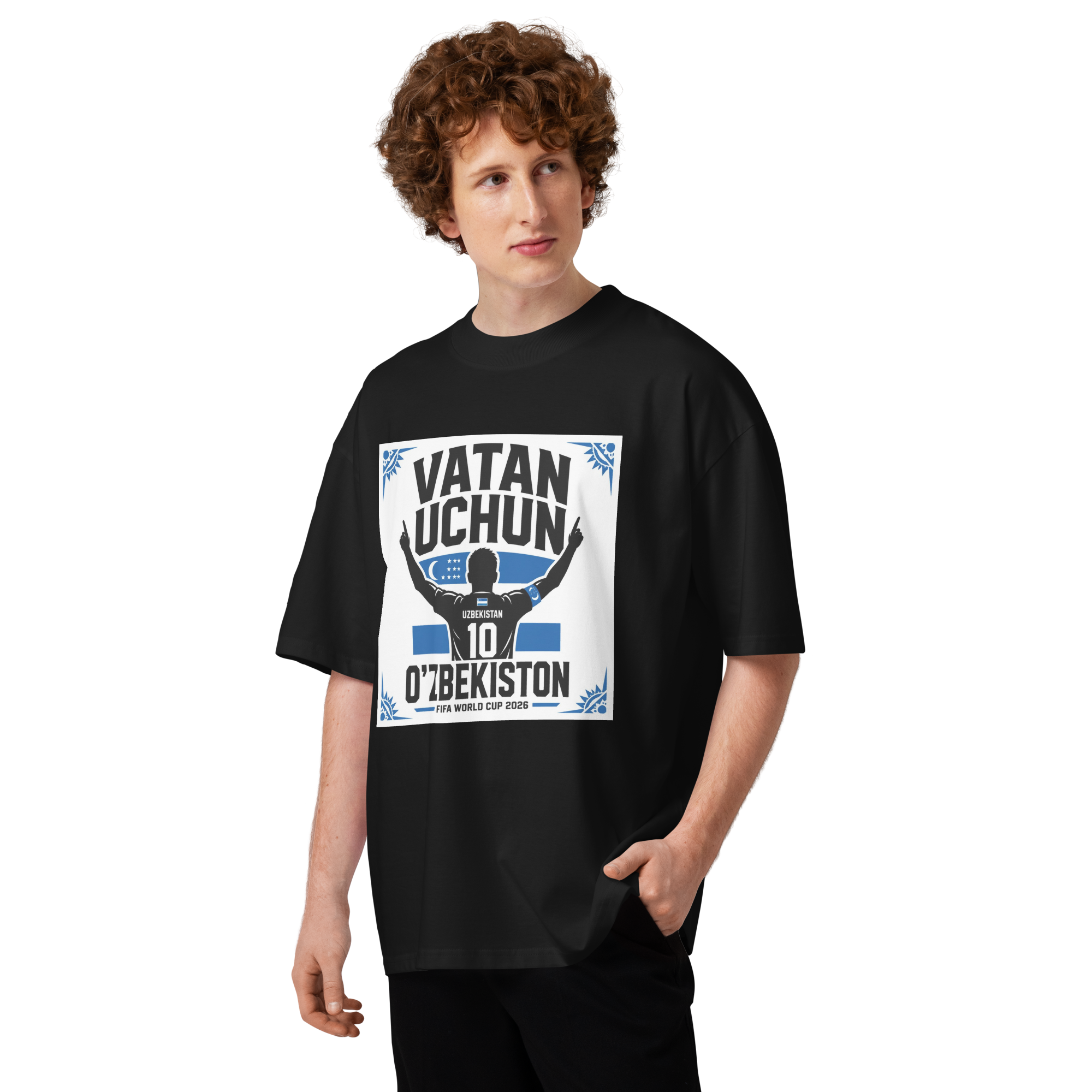 Vatan Uchun O'zbekiston #10 footballer silhouette tee — black, front view