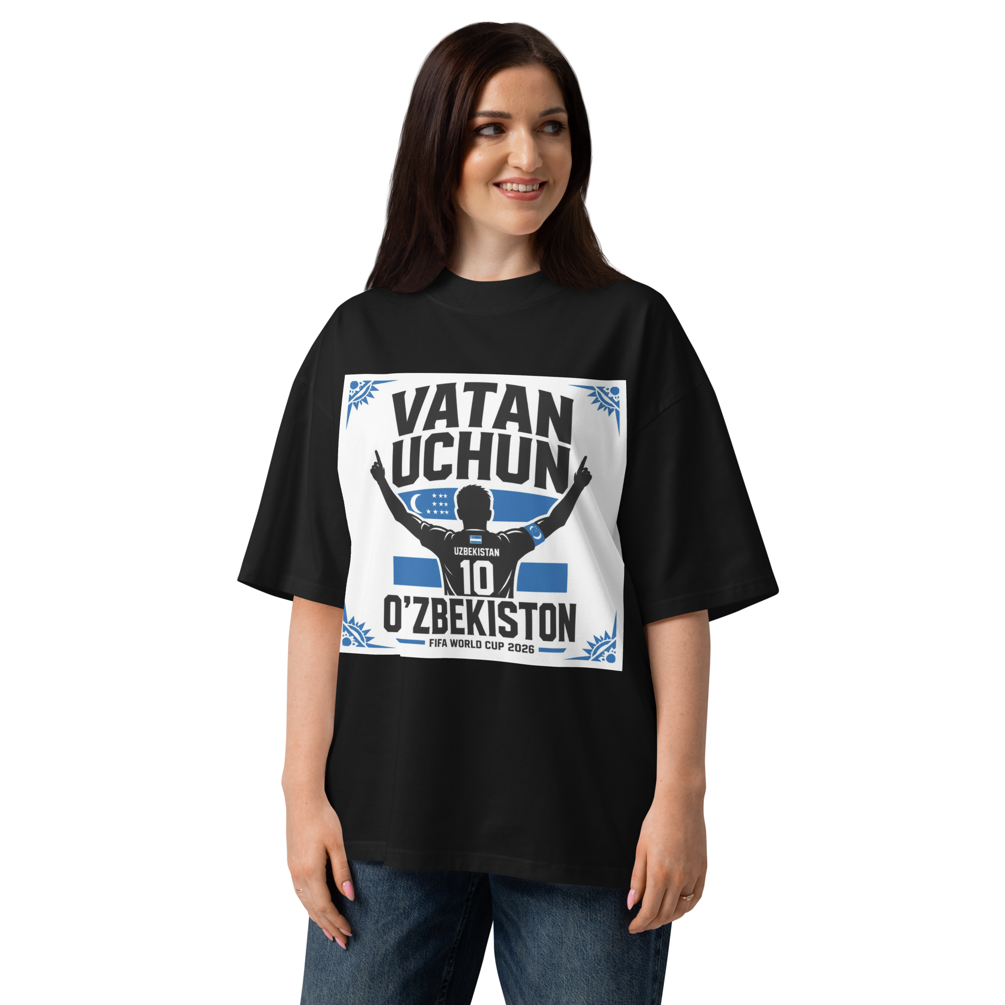 Vatan Uchun O'zbekiston #10 footballer silhouette tee — black, front view
