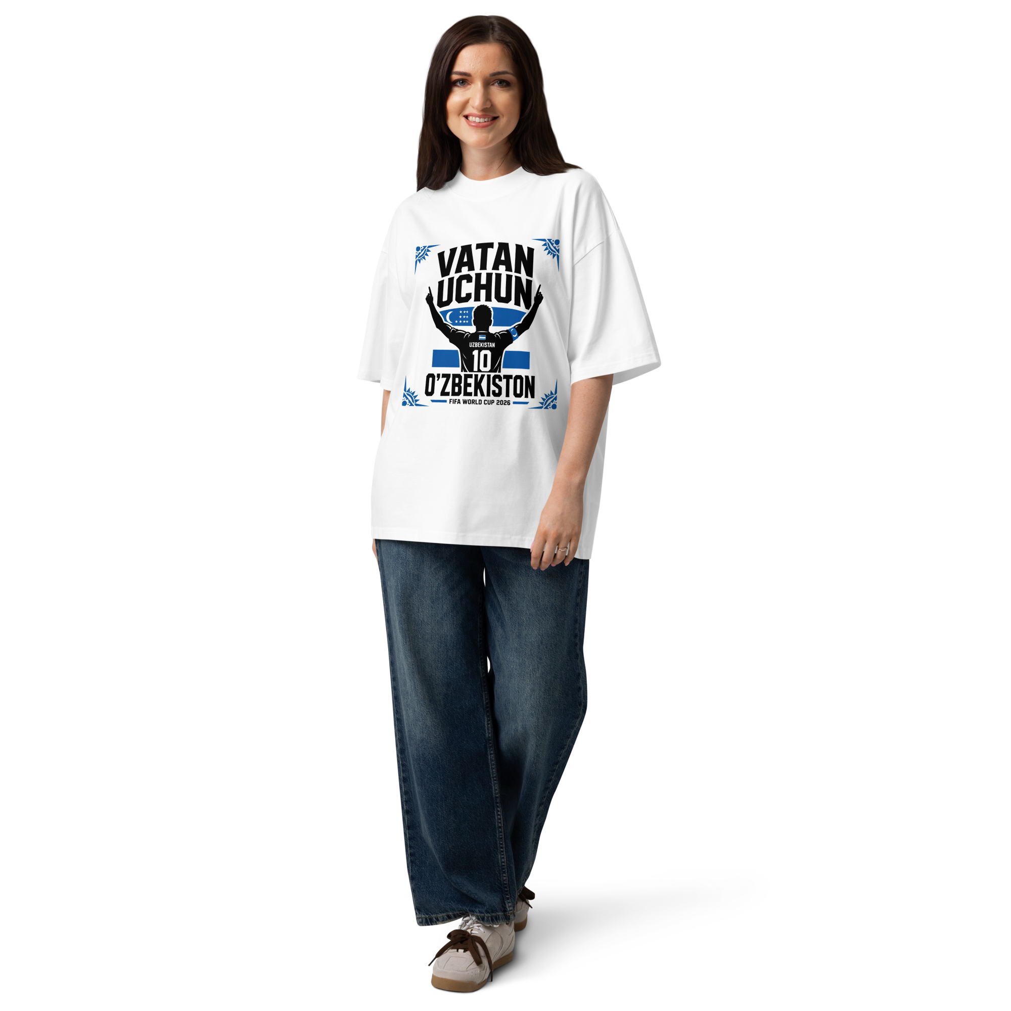 Vatan Uchun O'zbekiston #10 footballer silhouette tee — white, detail view