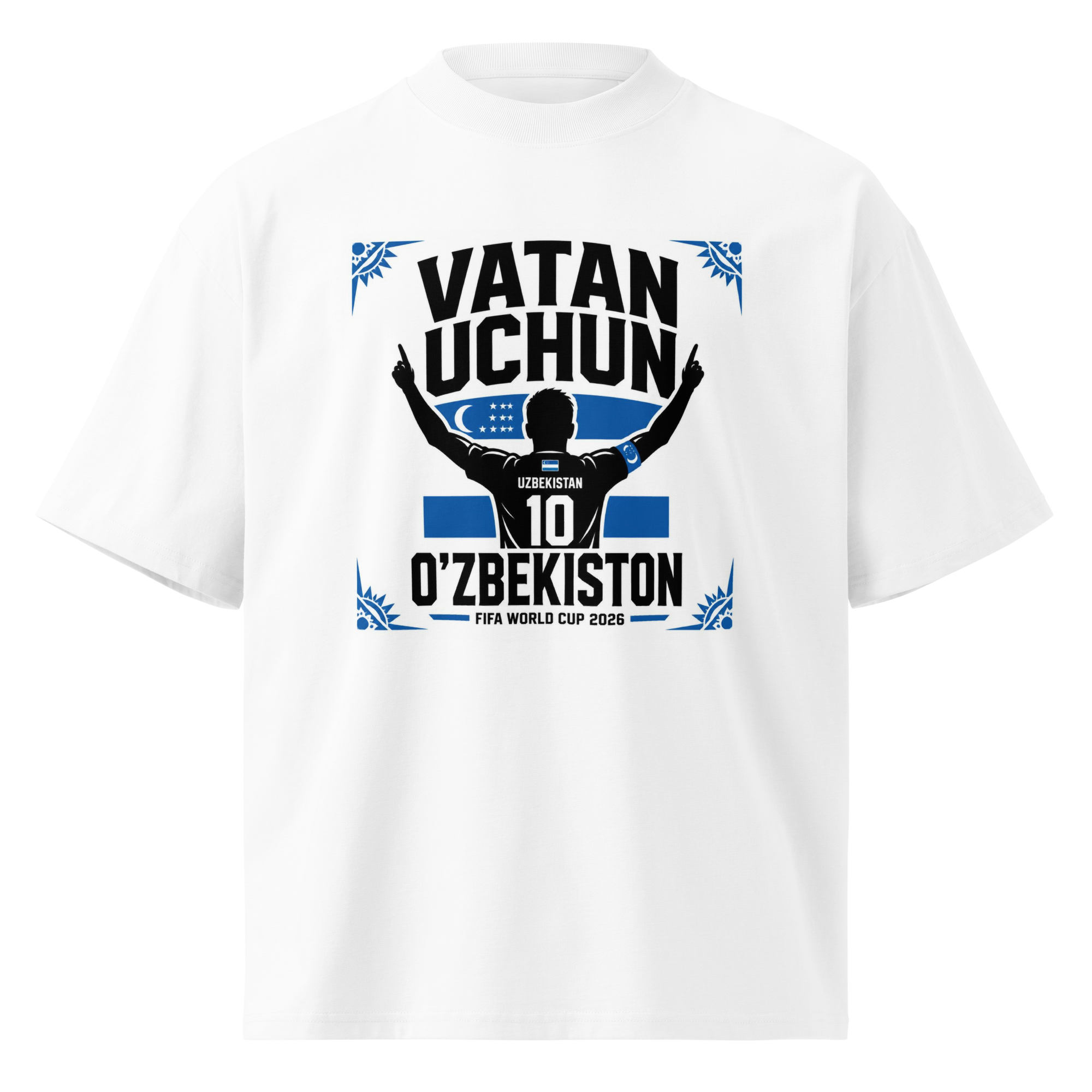 Vatan Uchun O'zbekiston #10 footballer silhouette tee — white, front view