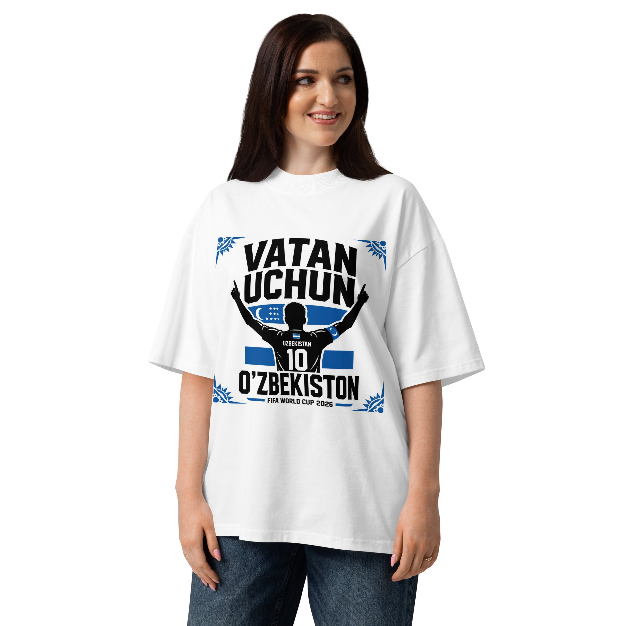 Vatan Uchun O'zbekiston #10 footballer silhouette tee — white, front view