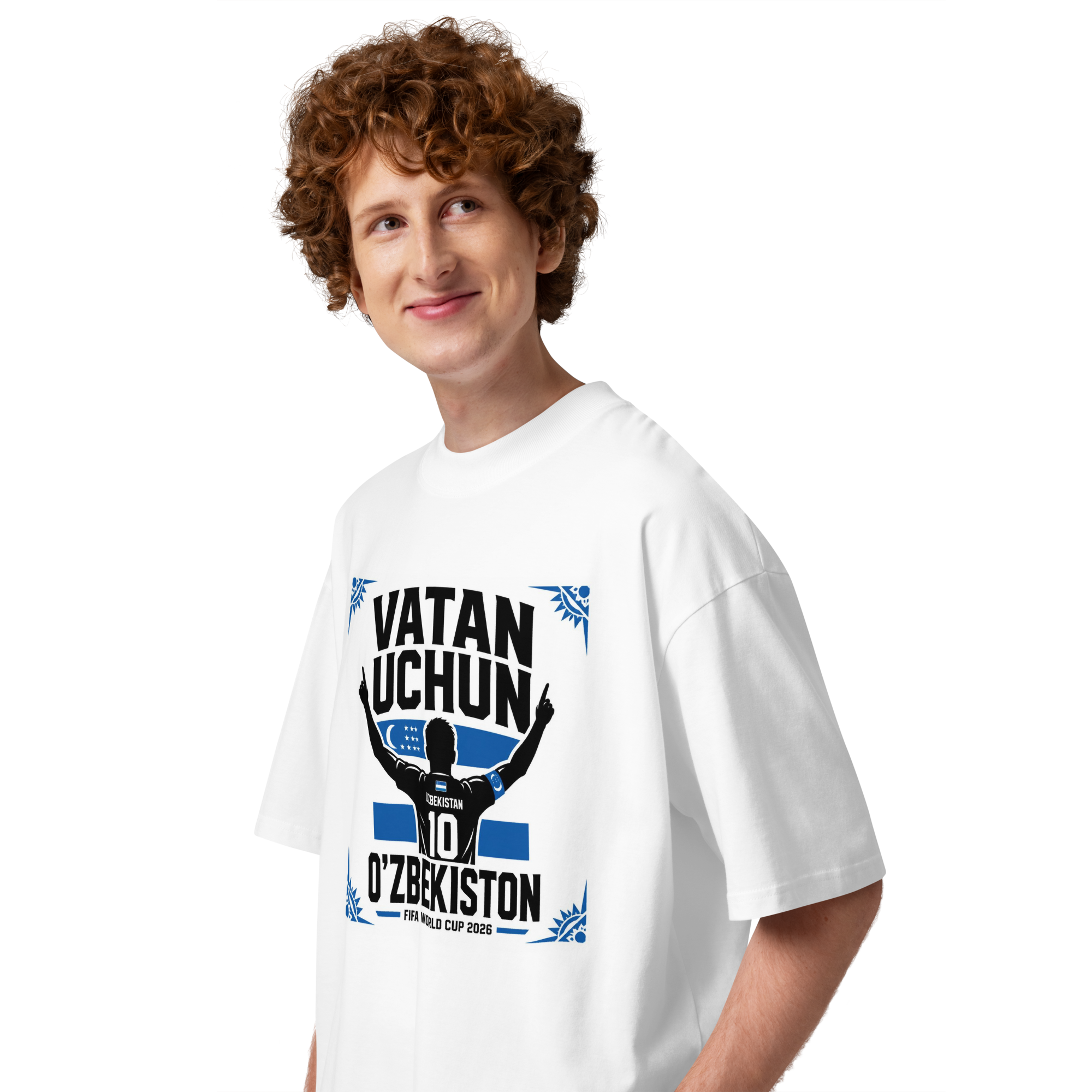 Vatan Uchun O'zbekiston #10 footballer silhouette tee — white, side view
